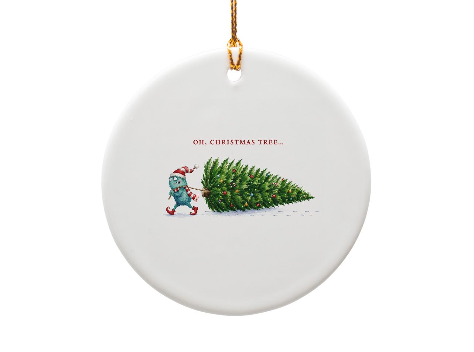 Oh, Christmas Tree... Funny Christmas Card Cute Monster Pulling Tree Holiday Greeting Card For Kids Family Festive C1481