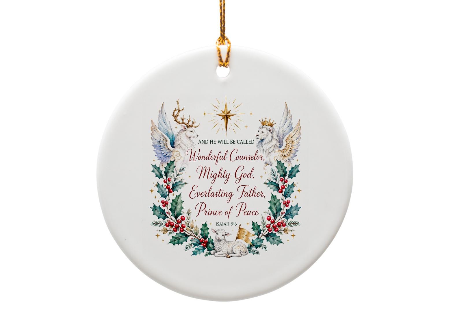 And He Will Be Called Wonderful Counselor Mighty God Christmas Ornament Isaiah 9:6 Religious Holiday Decor Angelic Animals O1503