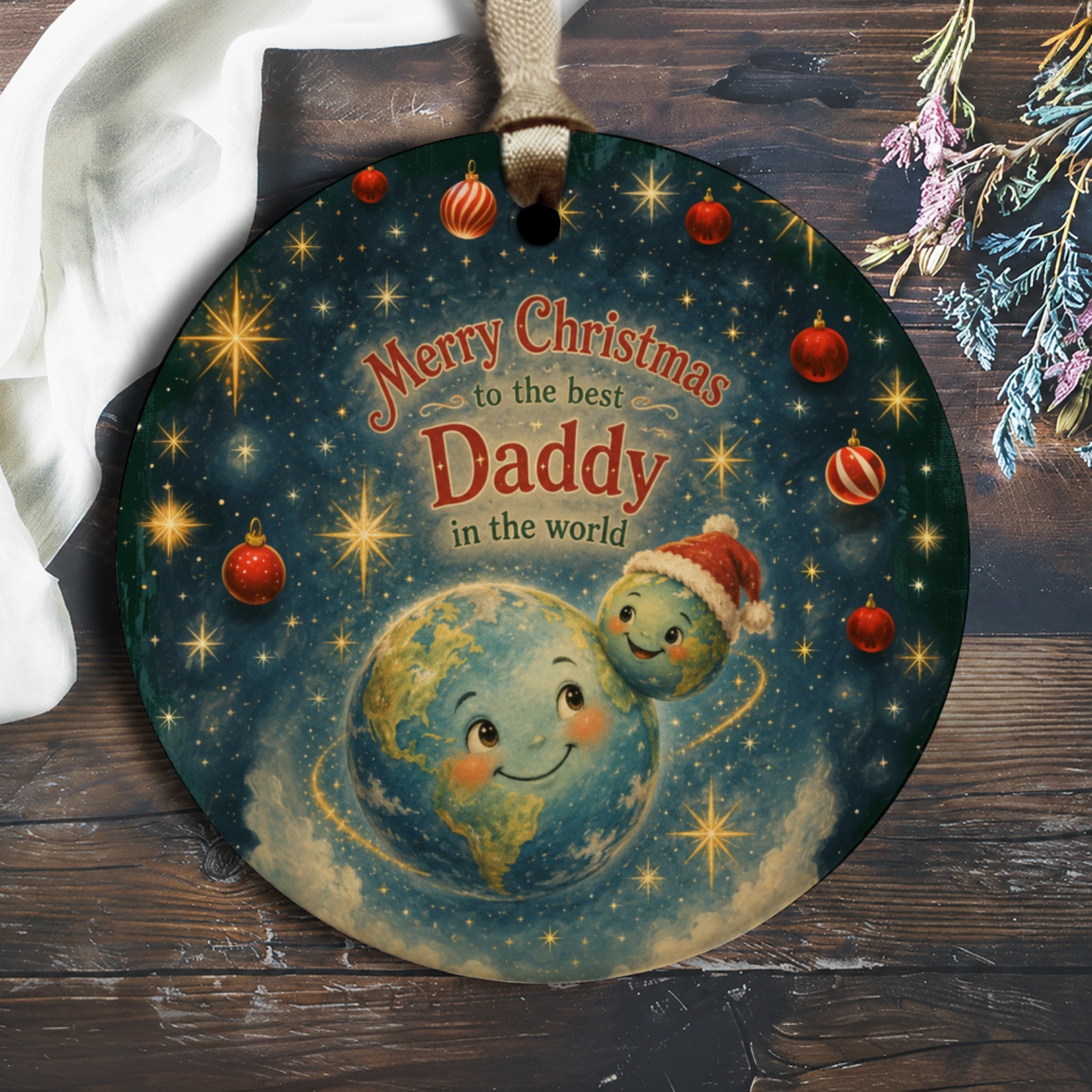 Merry Christmas To The Best Daddy In The World Ornament Cute Earth And Moon Christmas Ornament For Dad Holiday Decoration O2008