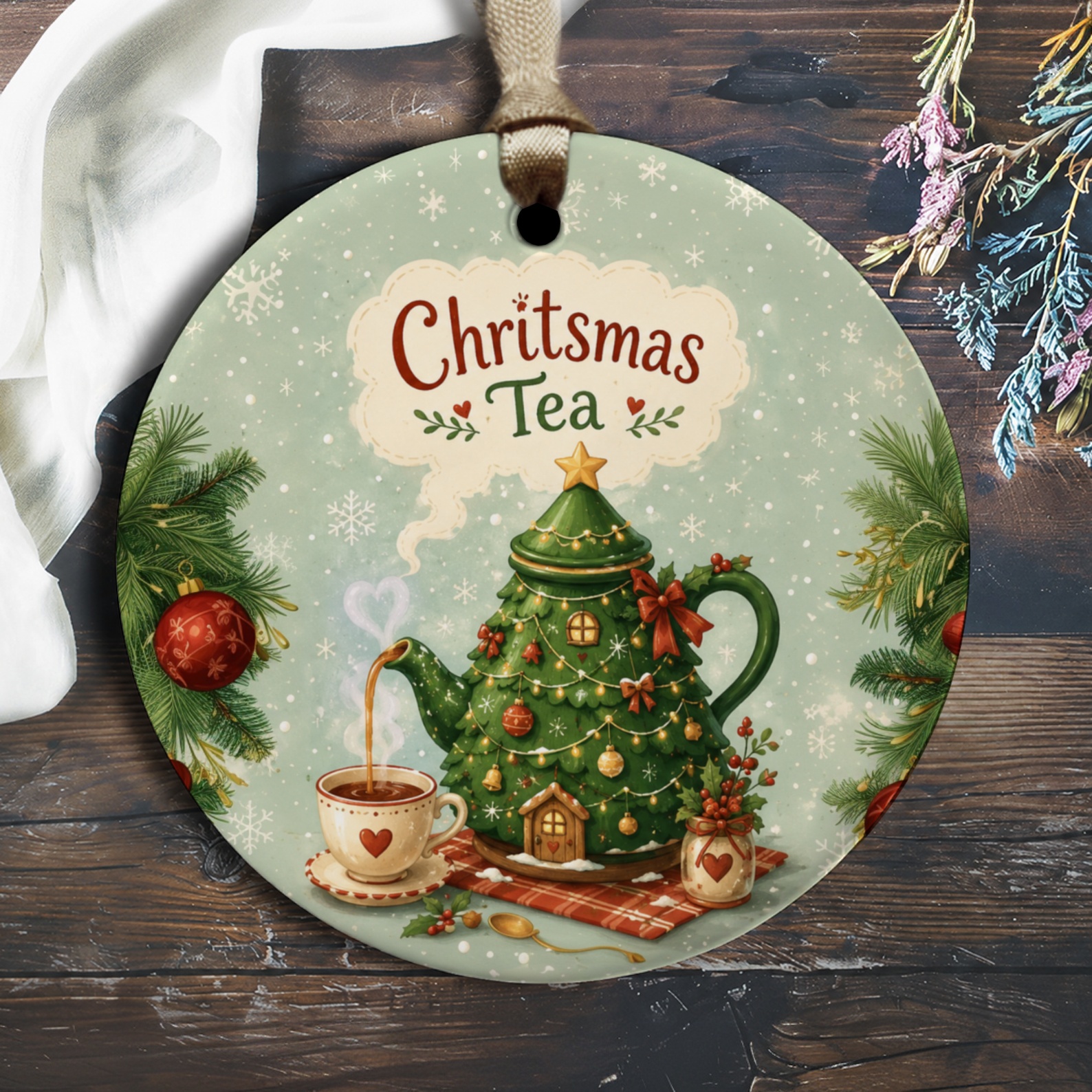 Christmas Tea Ornament Festive Teapot Decoration Holiday Decor Christmas Tree Gift For Tea Lovers O2009