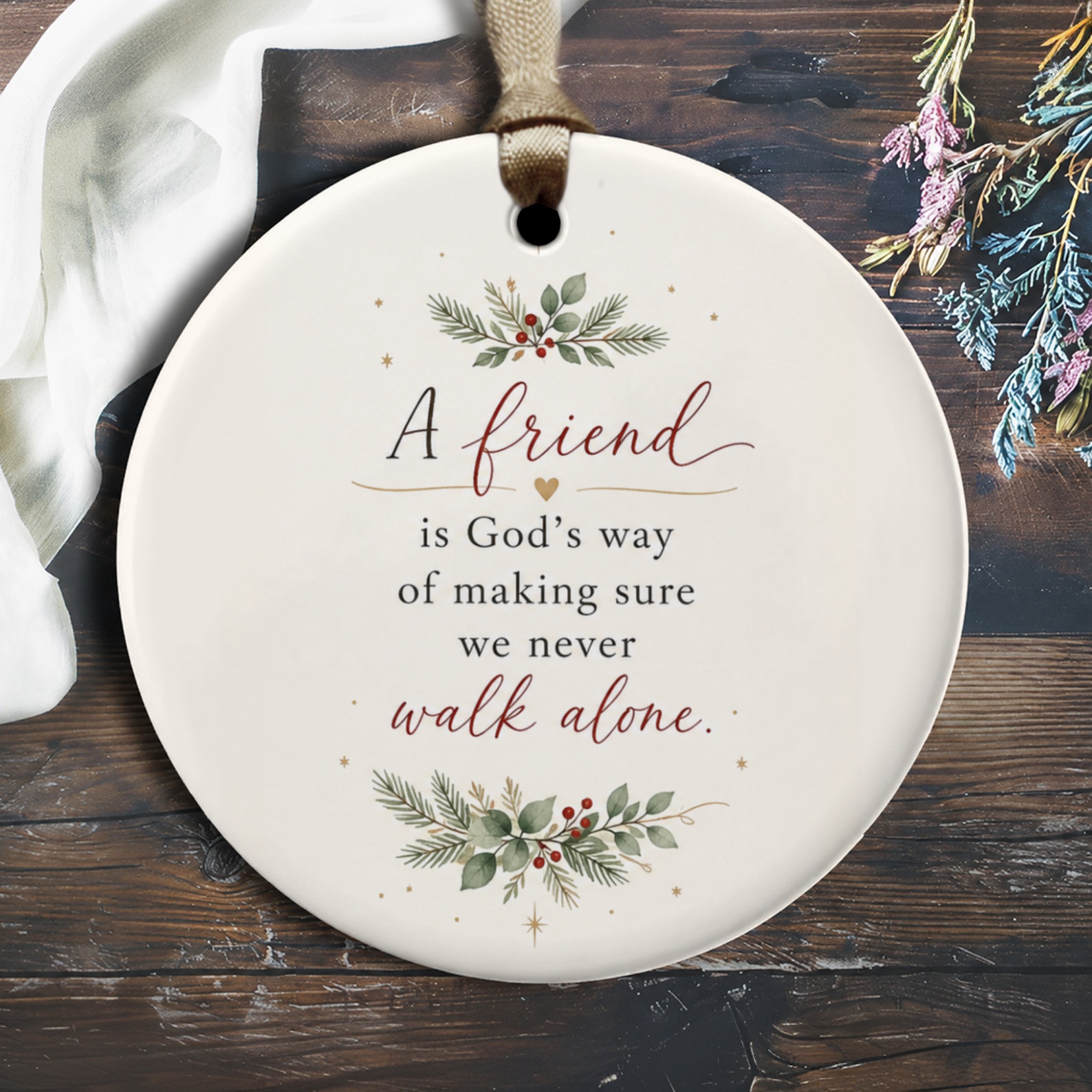 A Friend Is God's Way Ornament Friendship Gift Keepsake Christmas Decoration Inspirational Quote Floral O2014