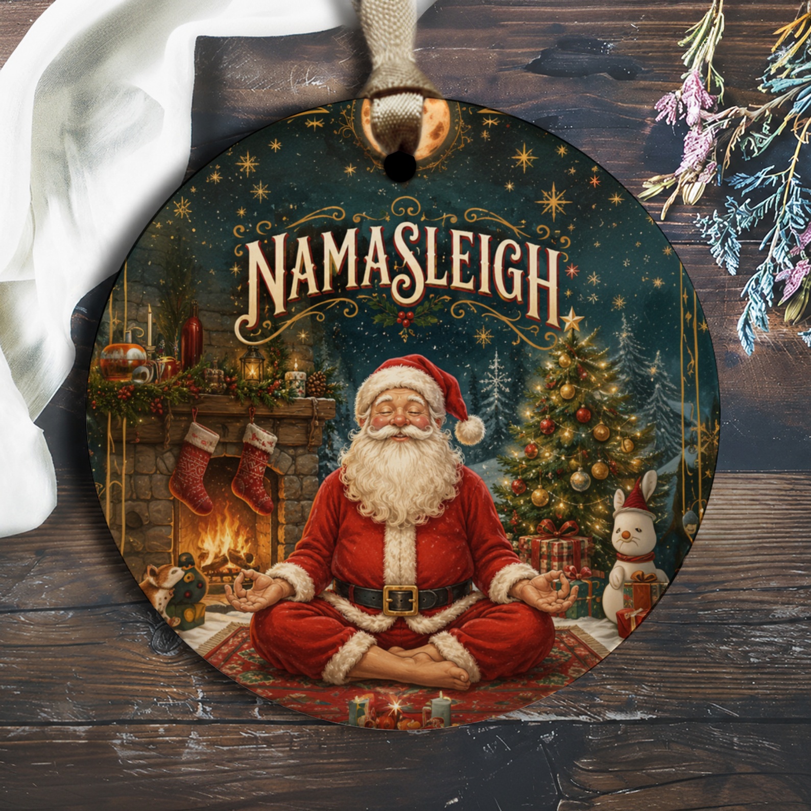 Namasleigh Christmas Ornament Santa Meditating Holiday Decor Festive Tree Decoration Yoga Santa Gift Idea O2030