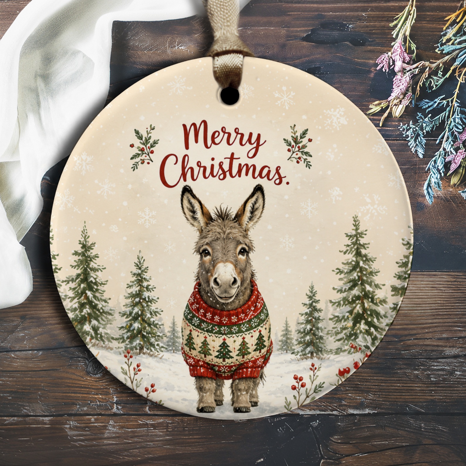Merry Christmas Donkey Ornament Cute Festive Sweater Holiday Decor Christmas Tree Decoration Animal Lover Gift O2036