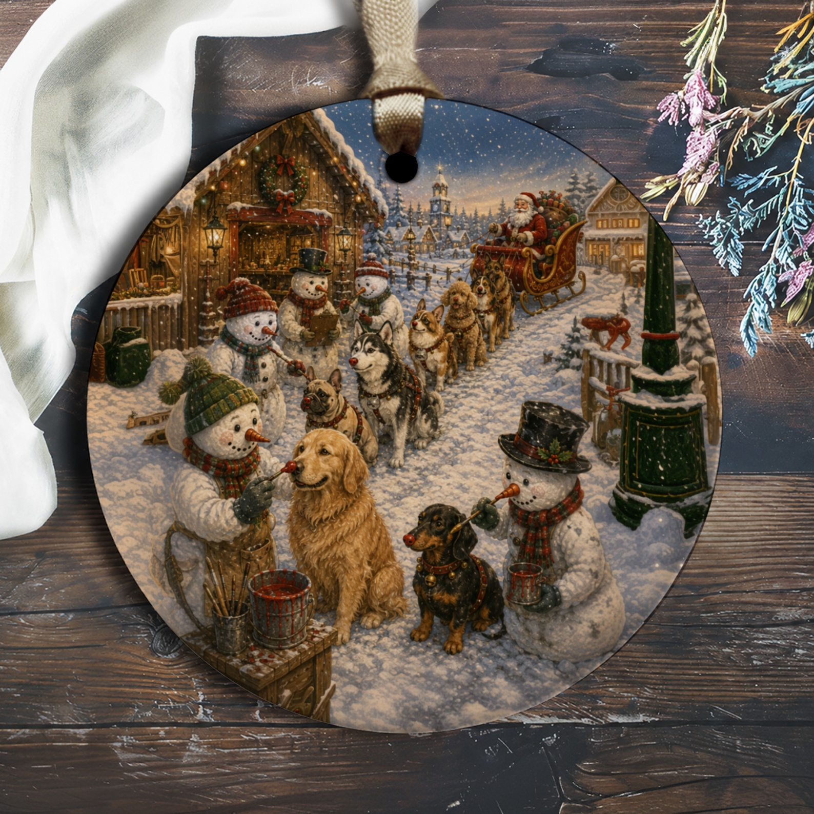 Snowman And Dog Winter Scene Ornament Christmas Decor Holiday Snow Village Santa Sleigh Festive Home Decoration O2049