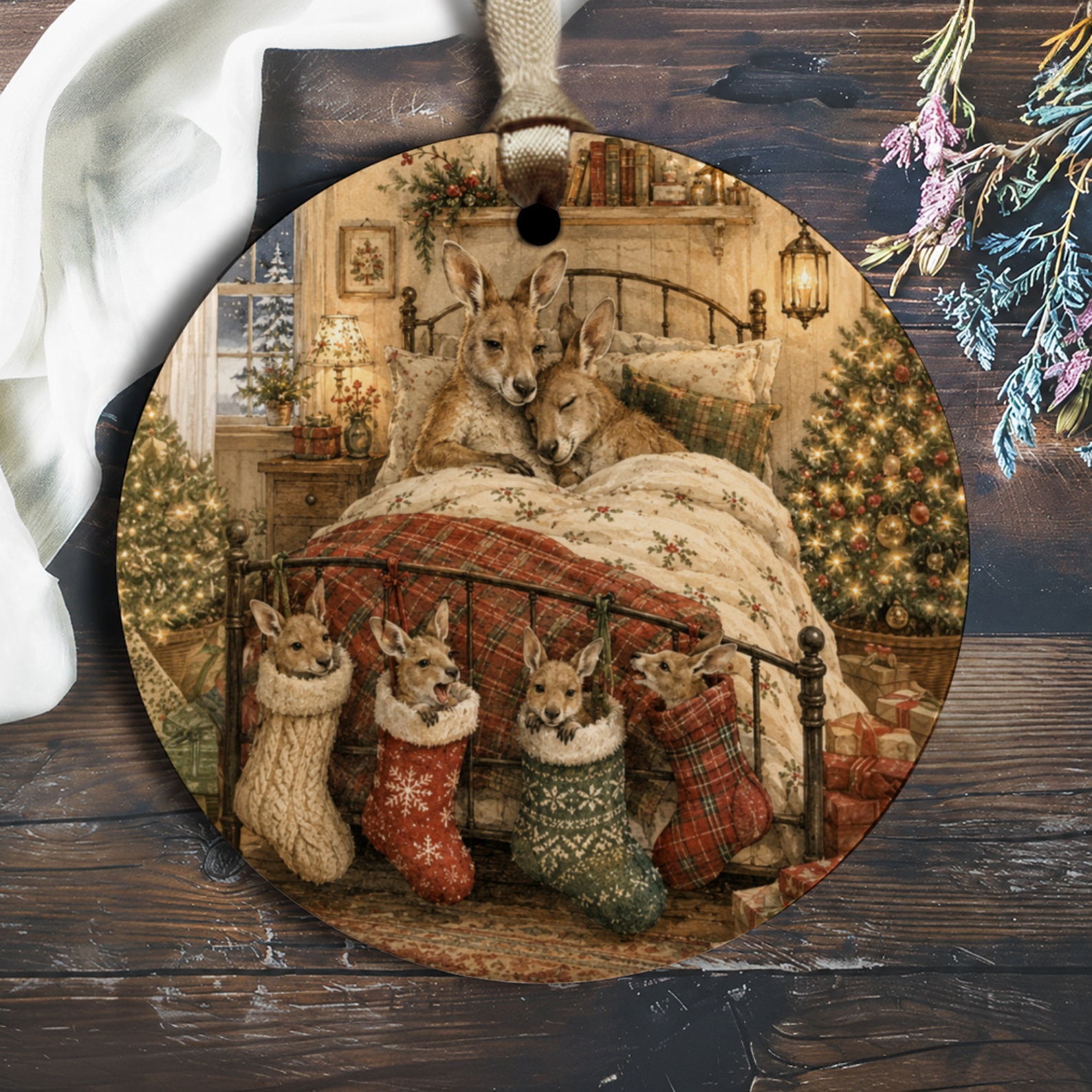 Kangaroo Family Christmas Ornament Cozy Holiday Decor Cute Animal Stocking Scene Festive Tree Decoration Gift O2050