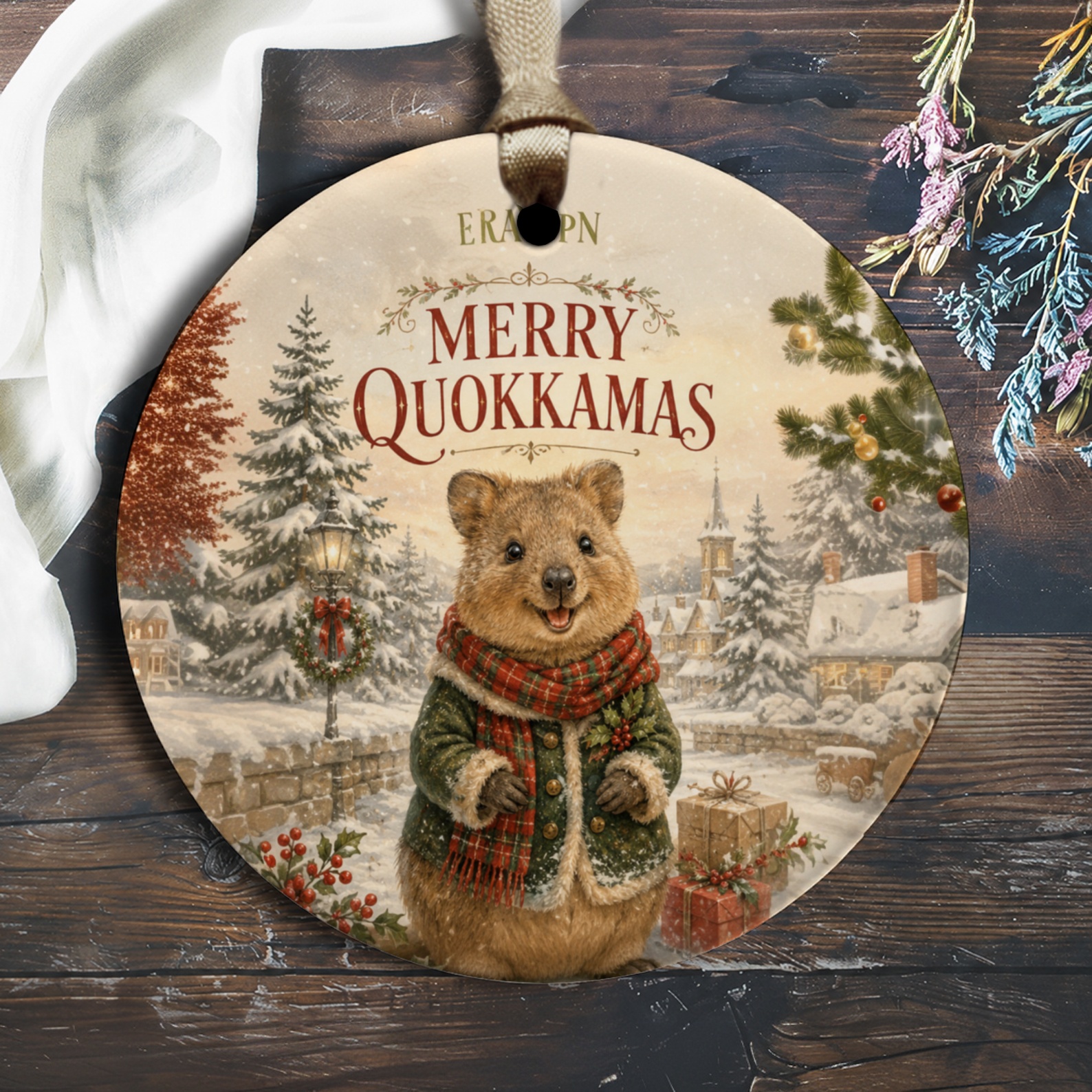 Merry Quokkamas Christmas Ornament Cute Quokka Winter Scene Holiday Decor Festive Animal Lover Gift O2051