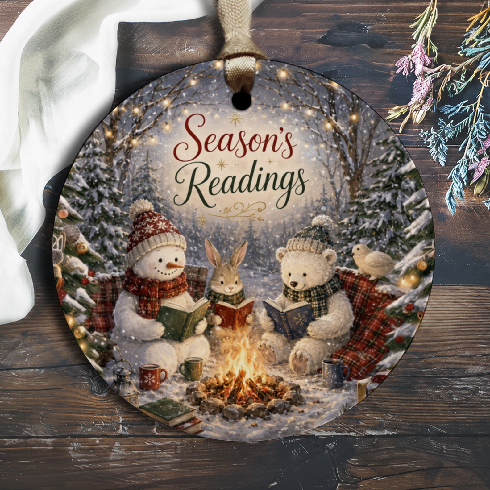 Season's Readings Christmas Ornament Snowman Rabbit Bear Winter Scene Holiday Decor Cute Animal Ornament O2060