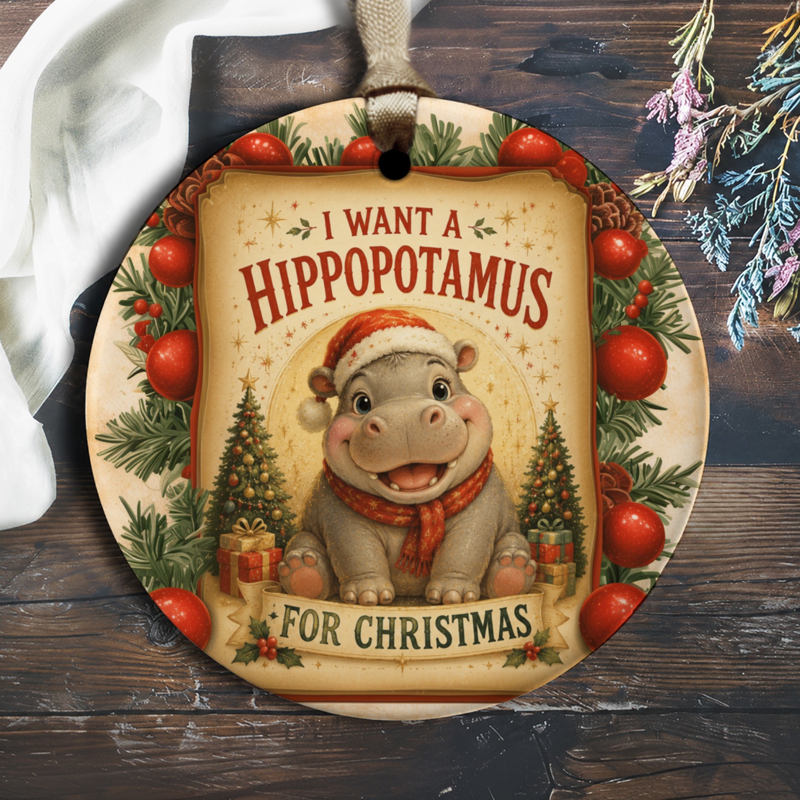 I Want A Hippopotamus For Christmas Cute Hippo Ornament Christmas Tree Decoration Holiday Gift Fun Animal Lover O2064