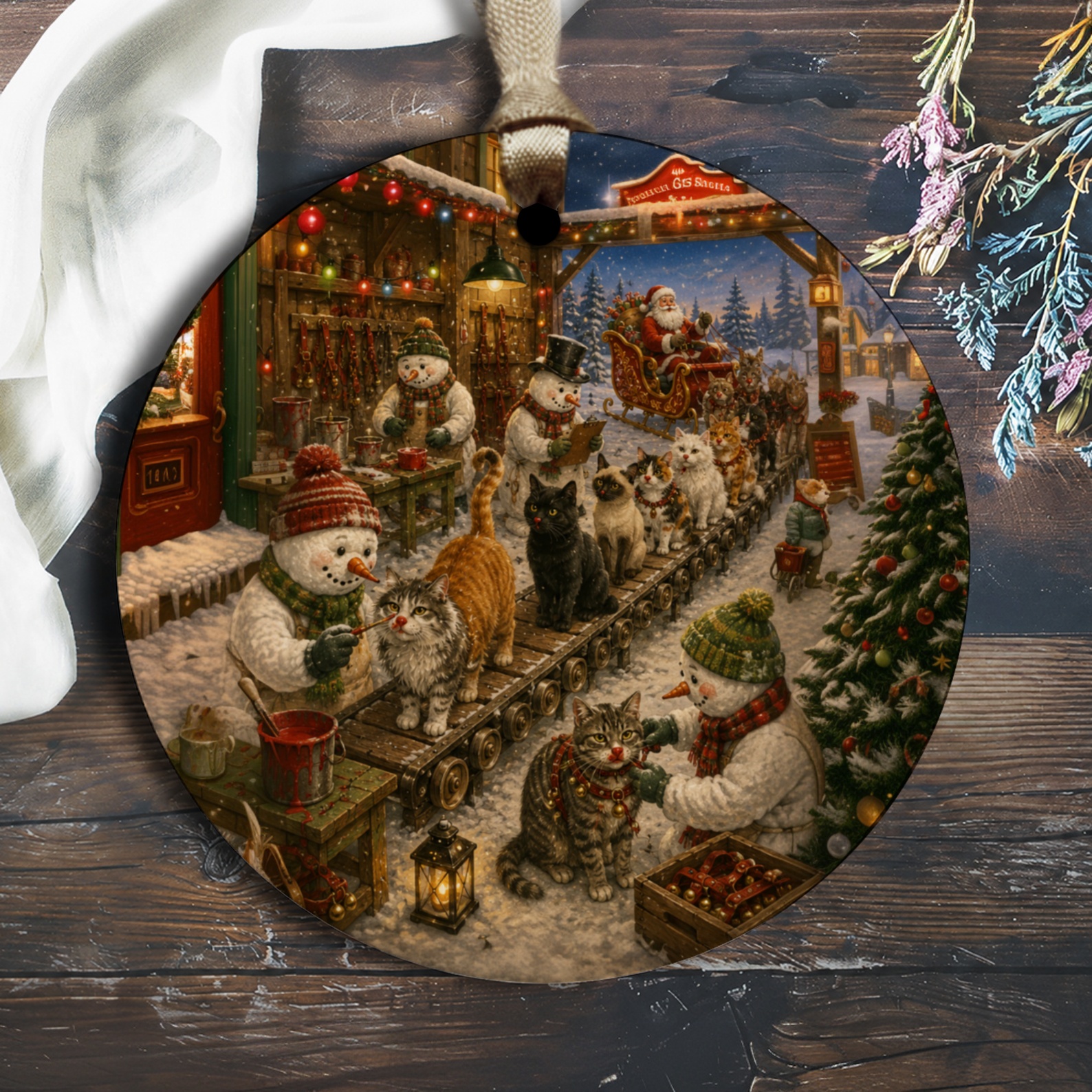 Christmas Ornament Snowmen And Cats Festive Workshop Holiday Decor Cute Winter Scene Santa Sleigh Decoration Gift O2074