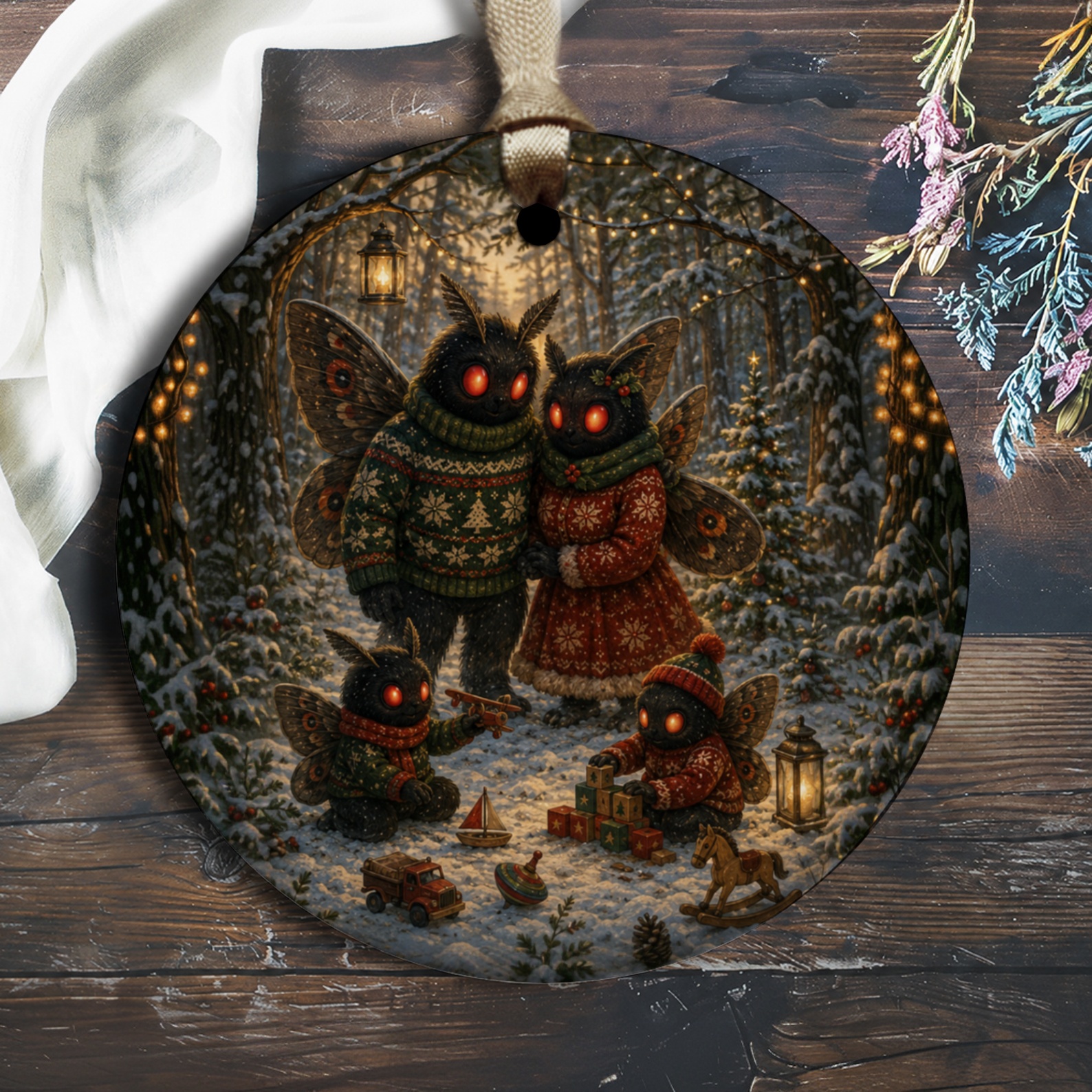 Whimsical Moth Family Christmas Ornament Winter Forest Scene Holiday Decor Cute Festive Decoration For Nature Lovers O2077