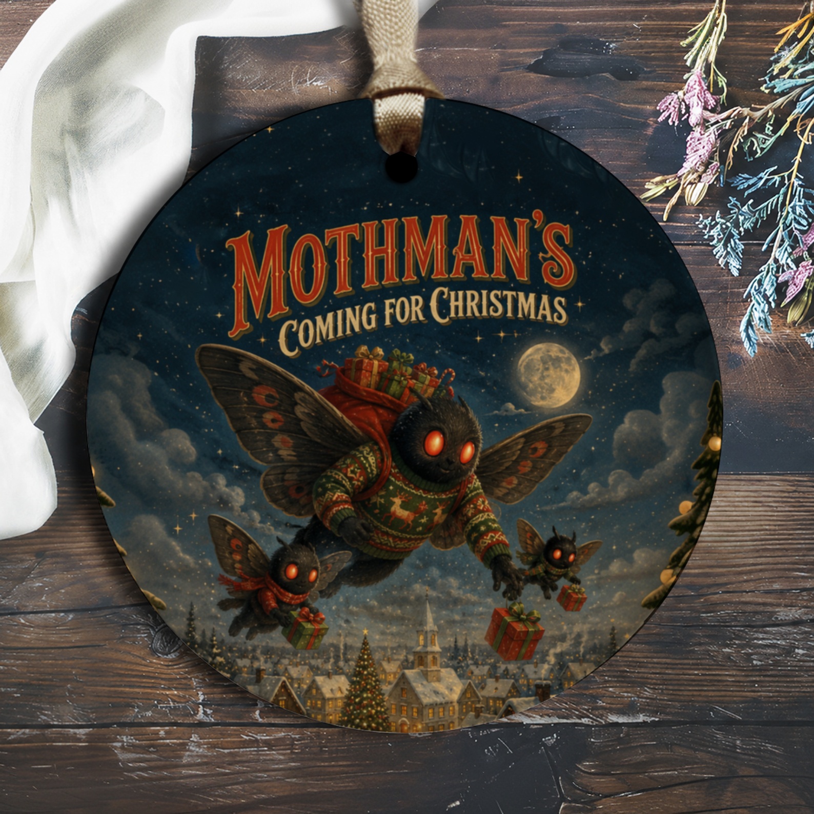 Mothman's Coming For Christmas Ornament Funny Holiday Decor Mothman Christmas Ornament Unique Gift Idea O2082