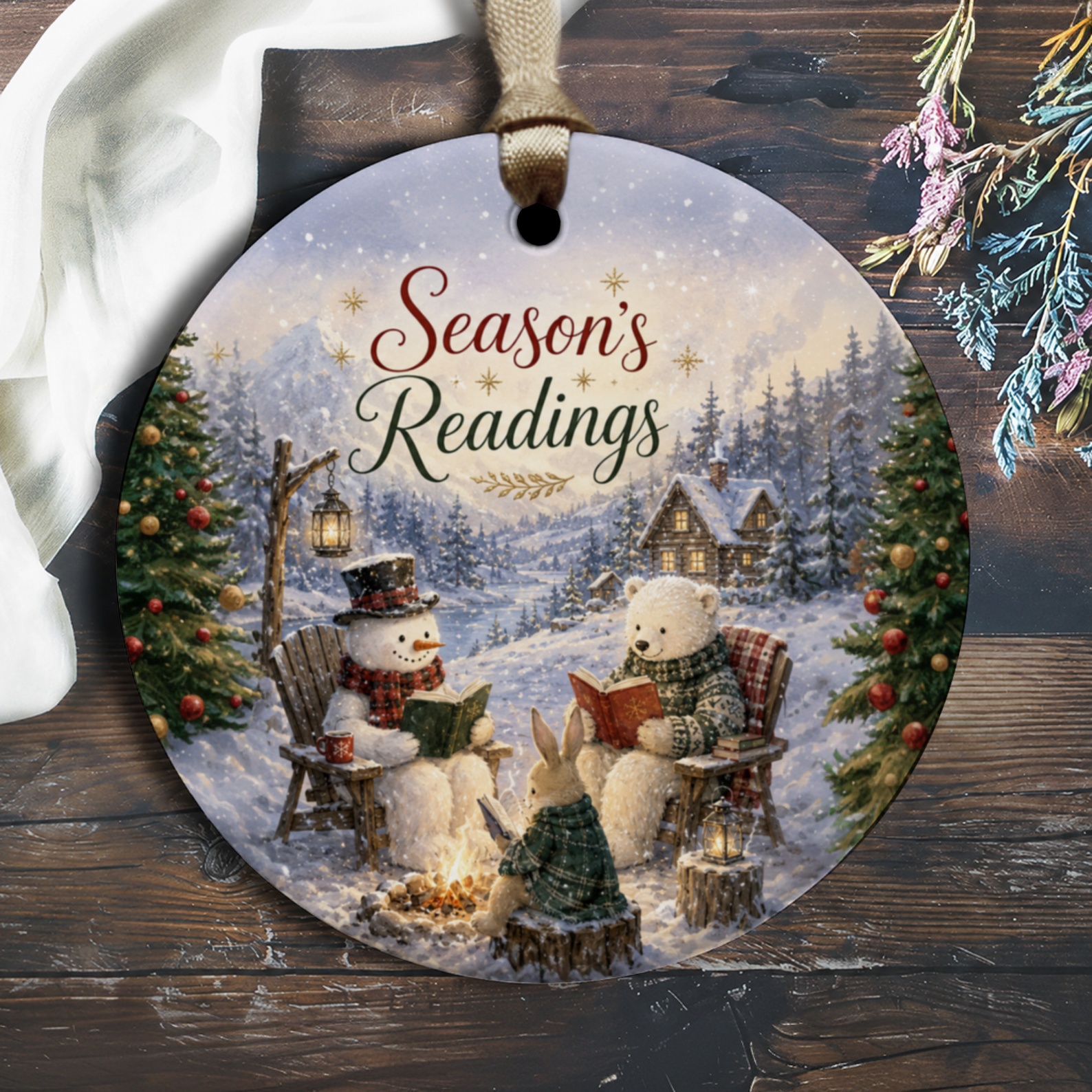 Season's Readings Christmas Ornament Snowman Bear Winter Scene Holiday Decor Cozy Cabin Gift O2086