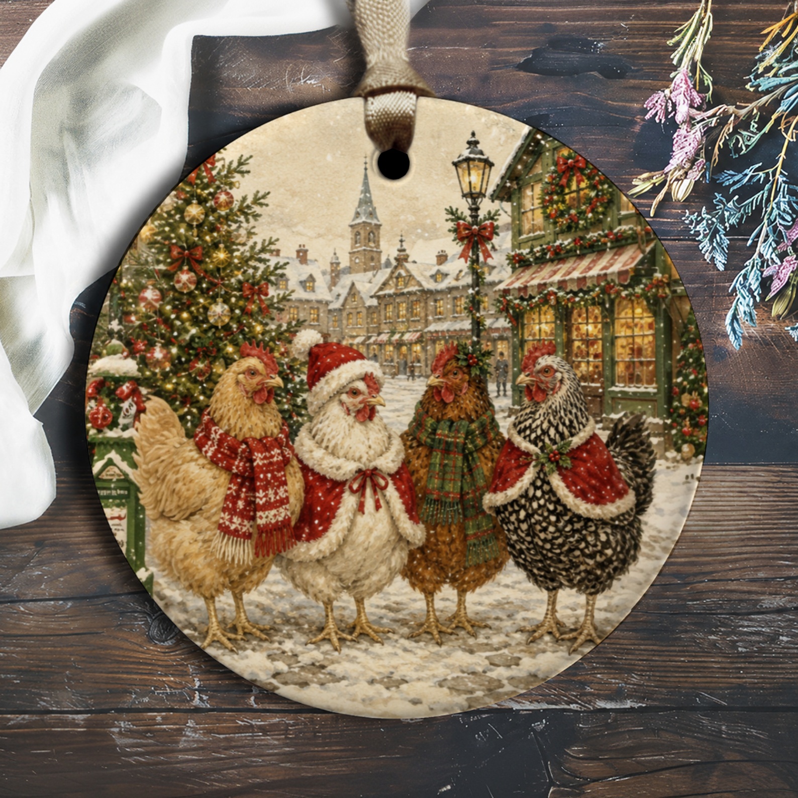 Festive Chicken Christmas Ornament Winter Holiday Decor Farmhouse Style Rustic Animal Ornament For Chicken Lover O2091