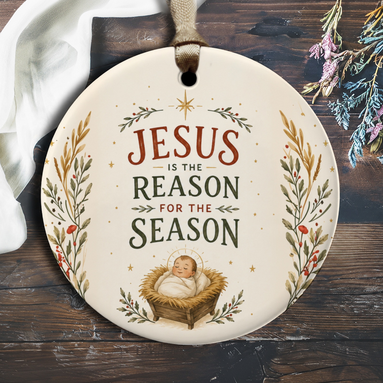 Jesus Is The Reason For The Season Christmas Ornament Nativity Scene Religious Holiday Decor Christian Gift O2099