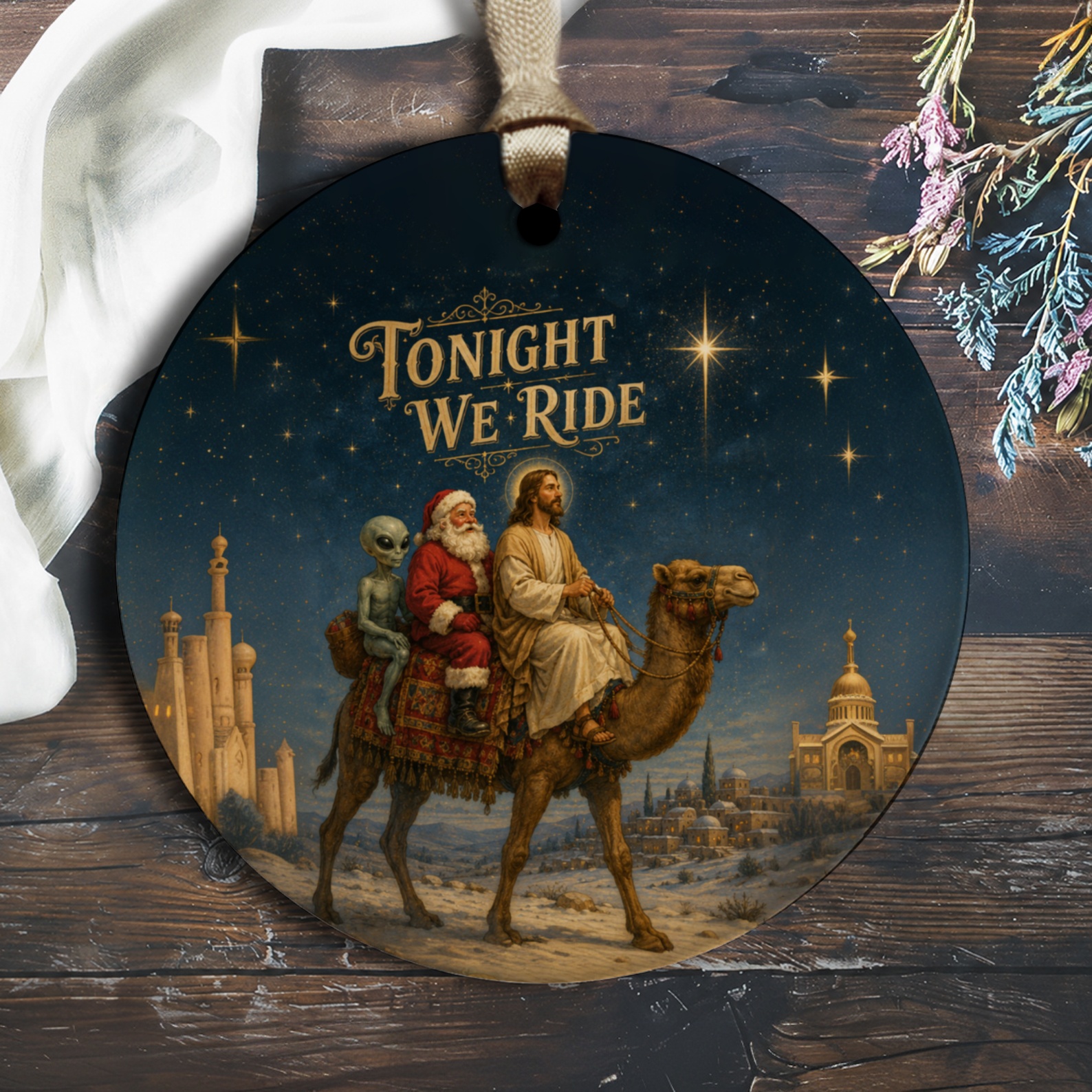 Tonight We Ride Christmas Ornament Santa Jesus Alien Funny Holiday Decor Unique Gift Idea Festive Home Decoration O2112