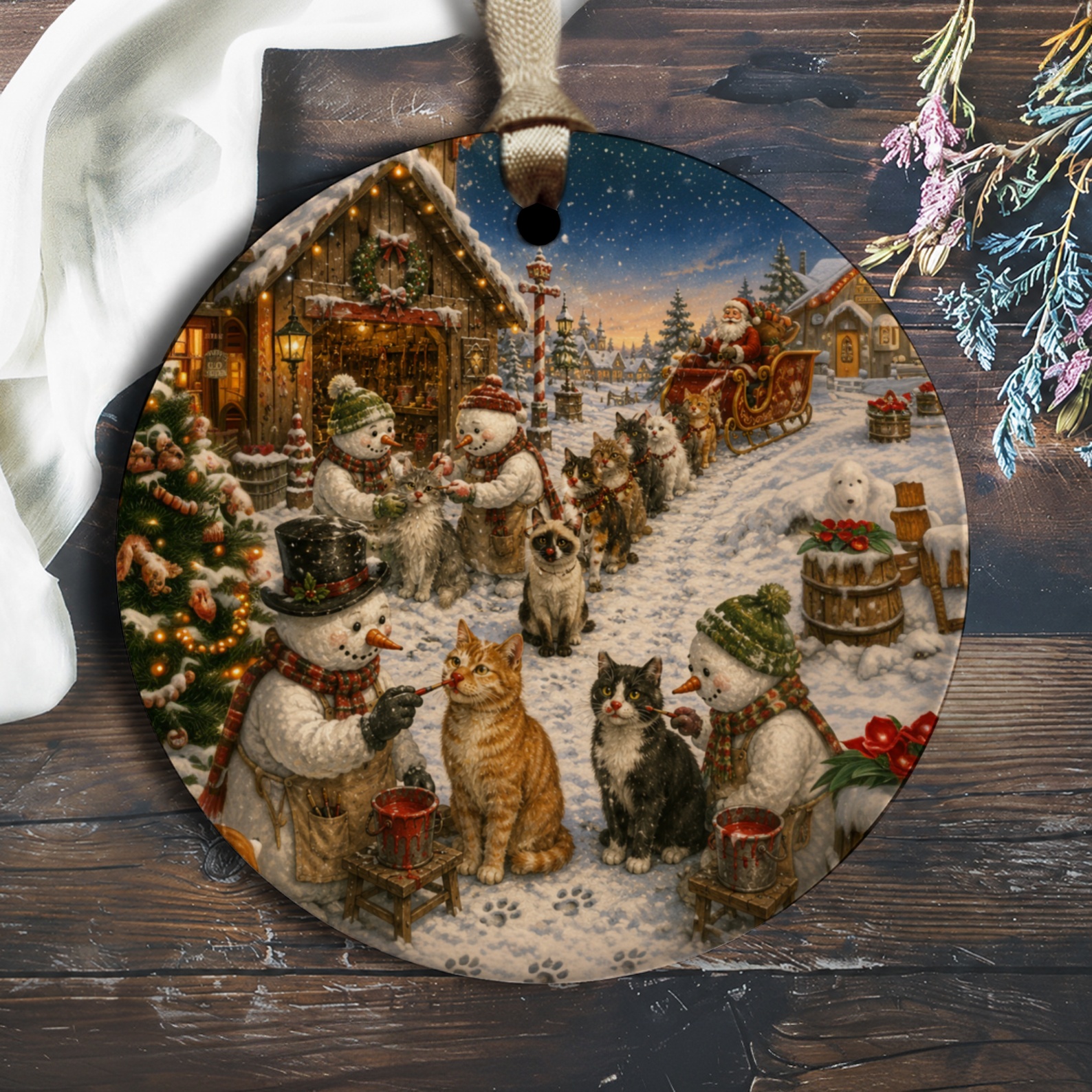 Snowmen With Cats Ornament Christmas Winter Scene Holiday Decor Cute Animal Lovers Gift Festive Home Decoration O2116