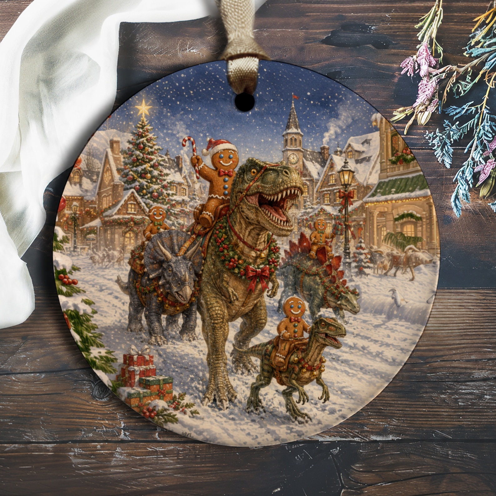 Gingerbread Dinosaurs Christmas Ornament Festive Holiday Decor Cute Winter Scene Tree Decoration Gift For Dinosaur Lover O2121