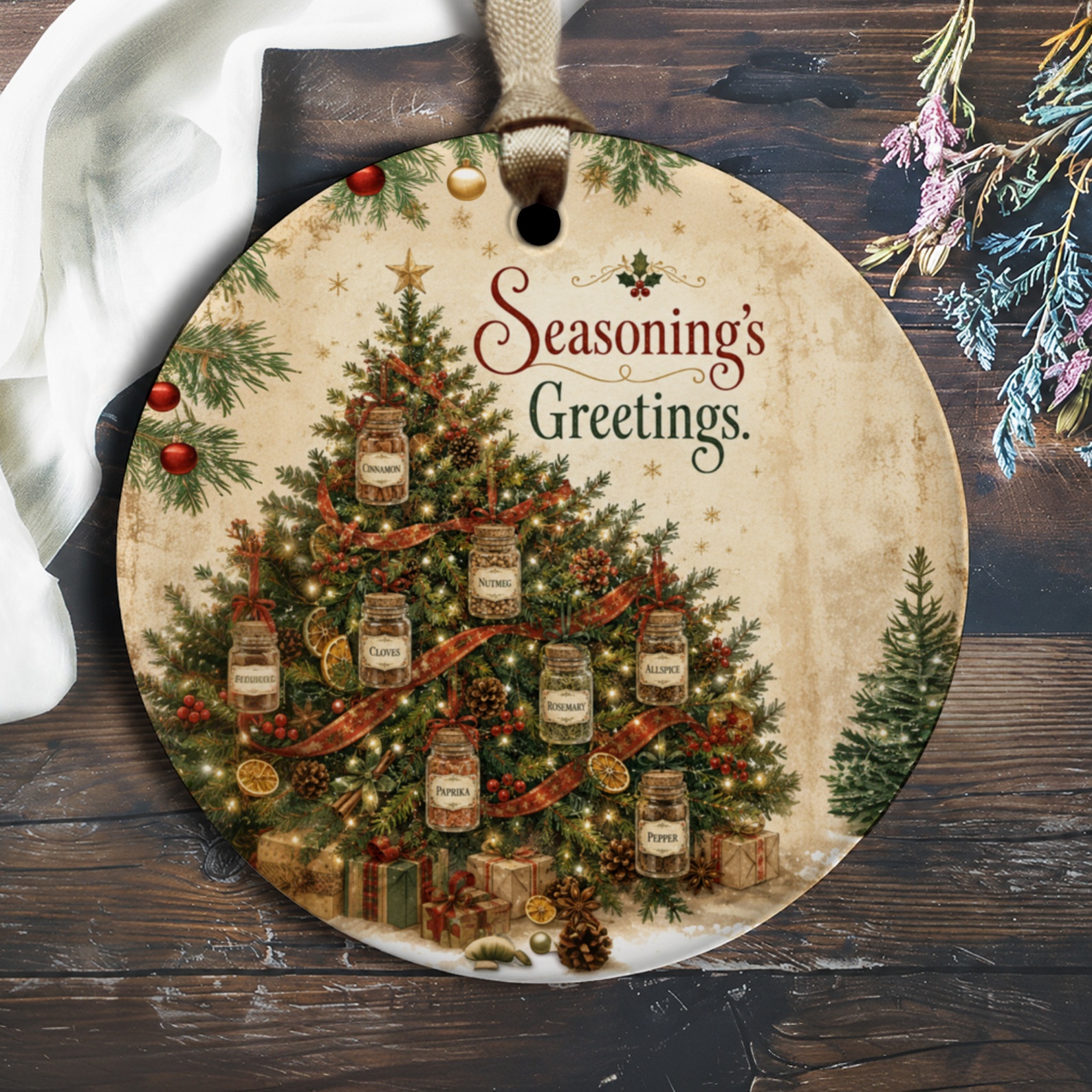Seasoning's Greetings Christmas Ornament Festive Tree With Spice Jars Holiday Decor Unique Kitchen Gift O2012