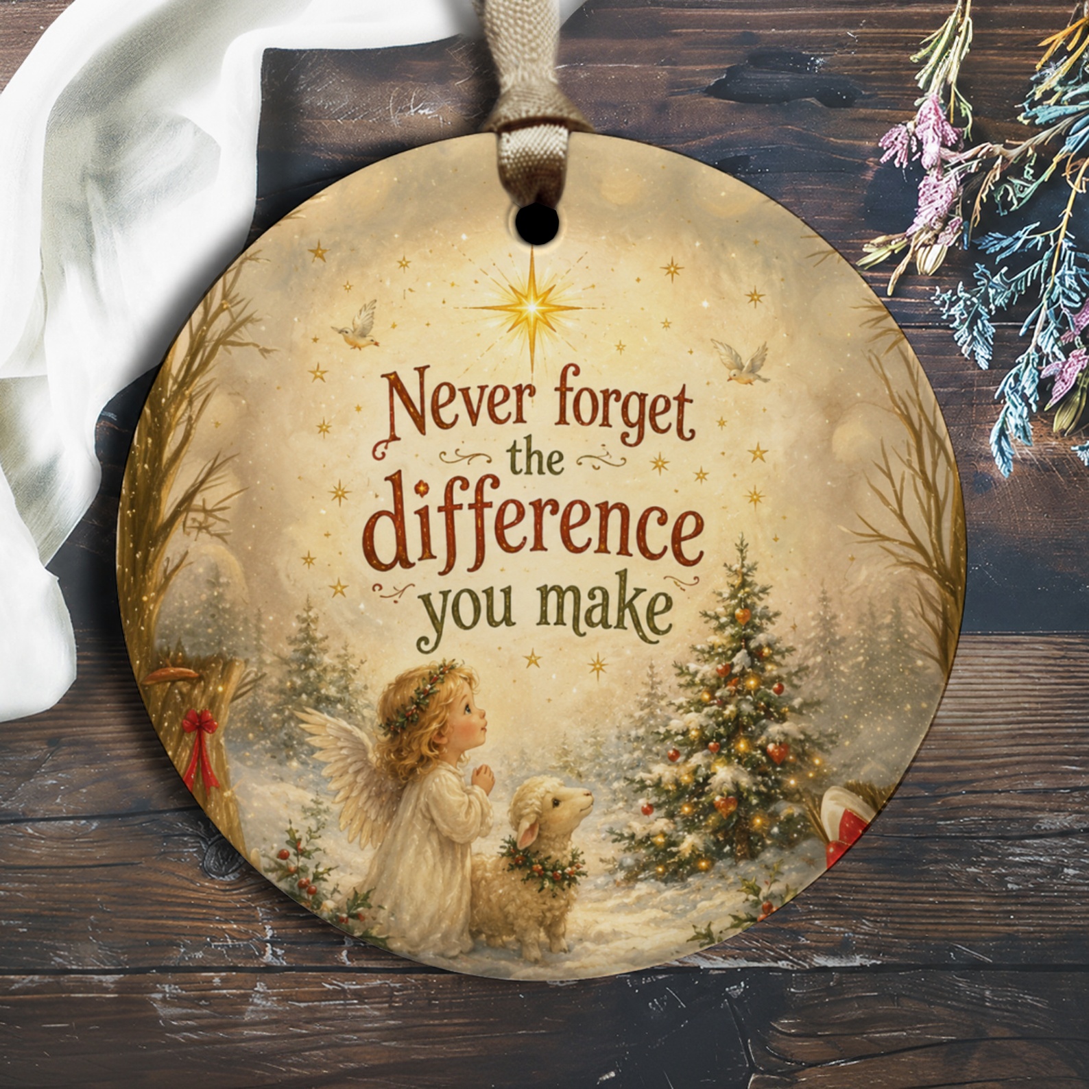 Never Forget The Difference You Make Christmas Ornament Angel Lamb Holiday Decor Inspirational Gift Winter Scene O2127