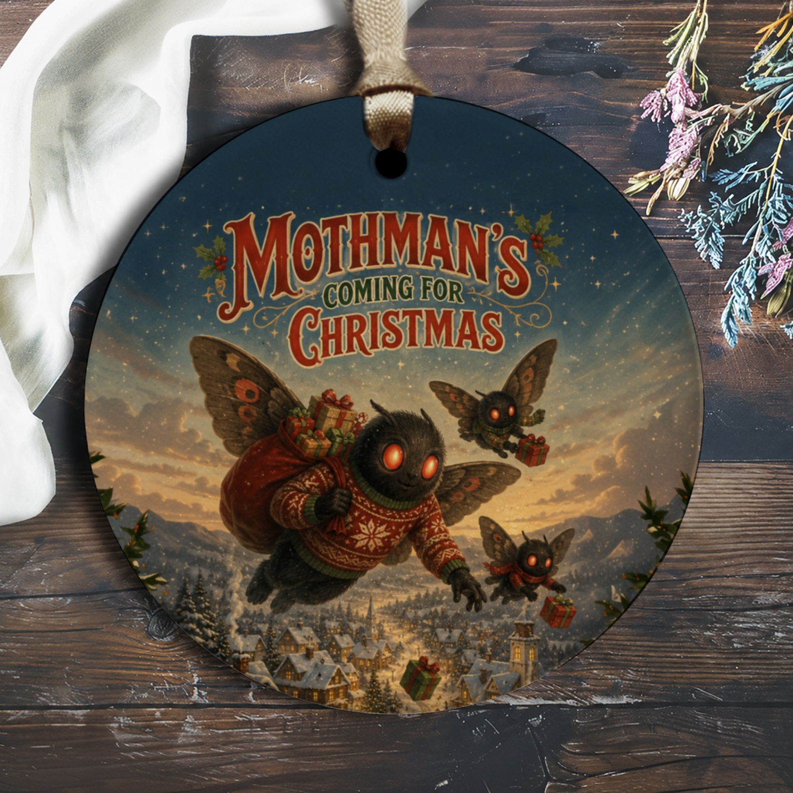 Mothman's Coming For Christmas Ornament Funny Holiday Decor Mothman Lover Gift Unique Christmas Tree Decoration O2017