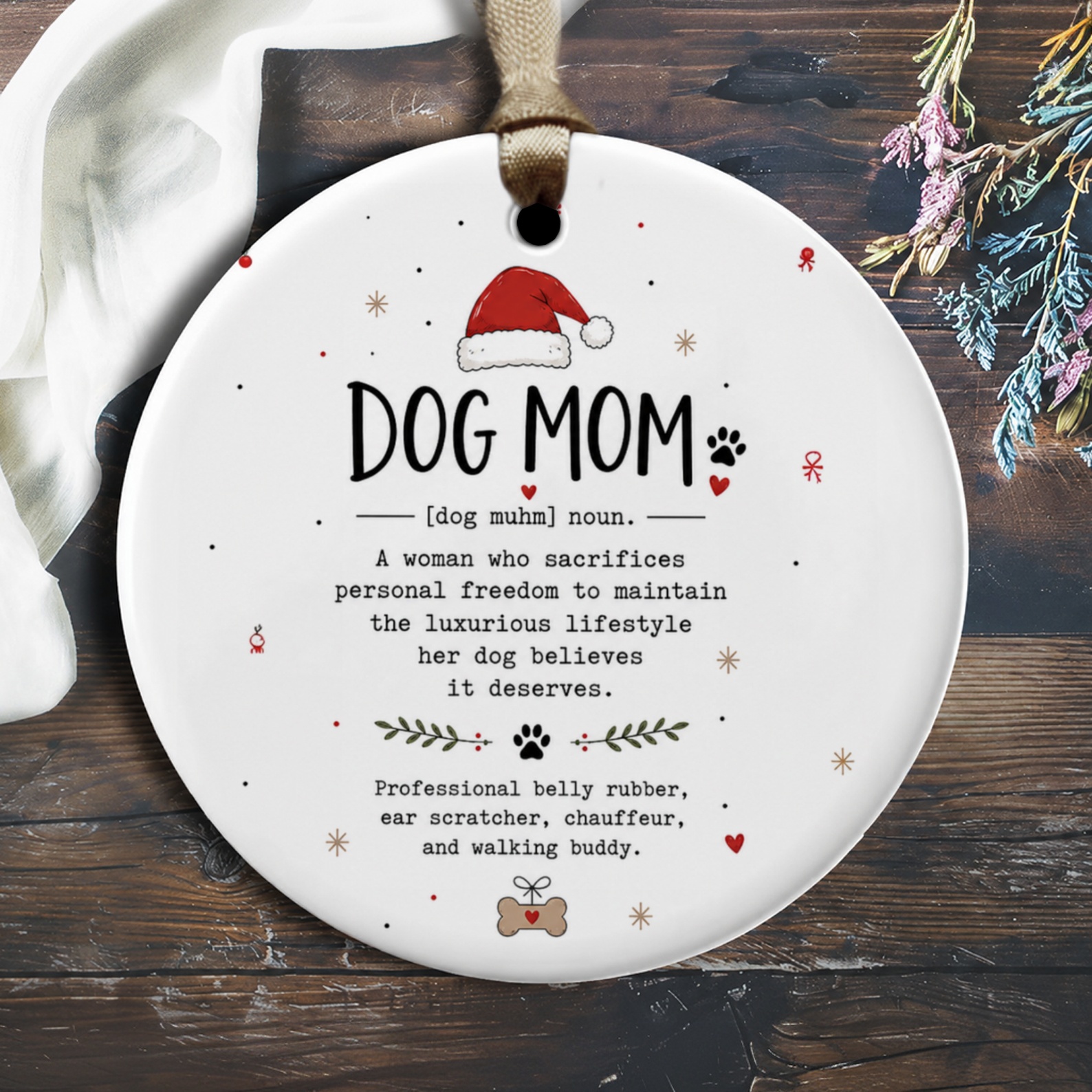 Dog Mom Christmas Ornament Funny Dog Lover Gift Santa Hat Pet Owner Holiday Decor Cute Pet Mom Ornament O2135