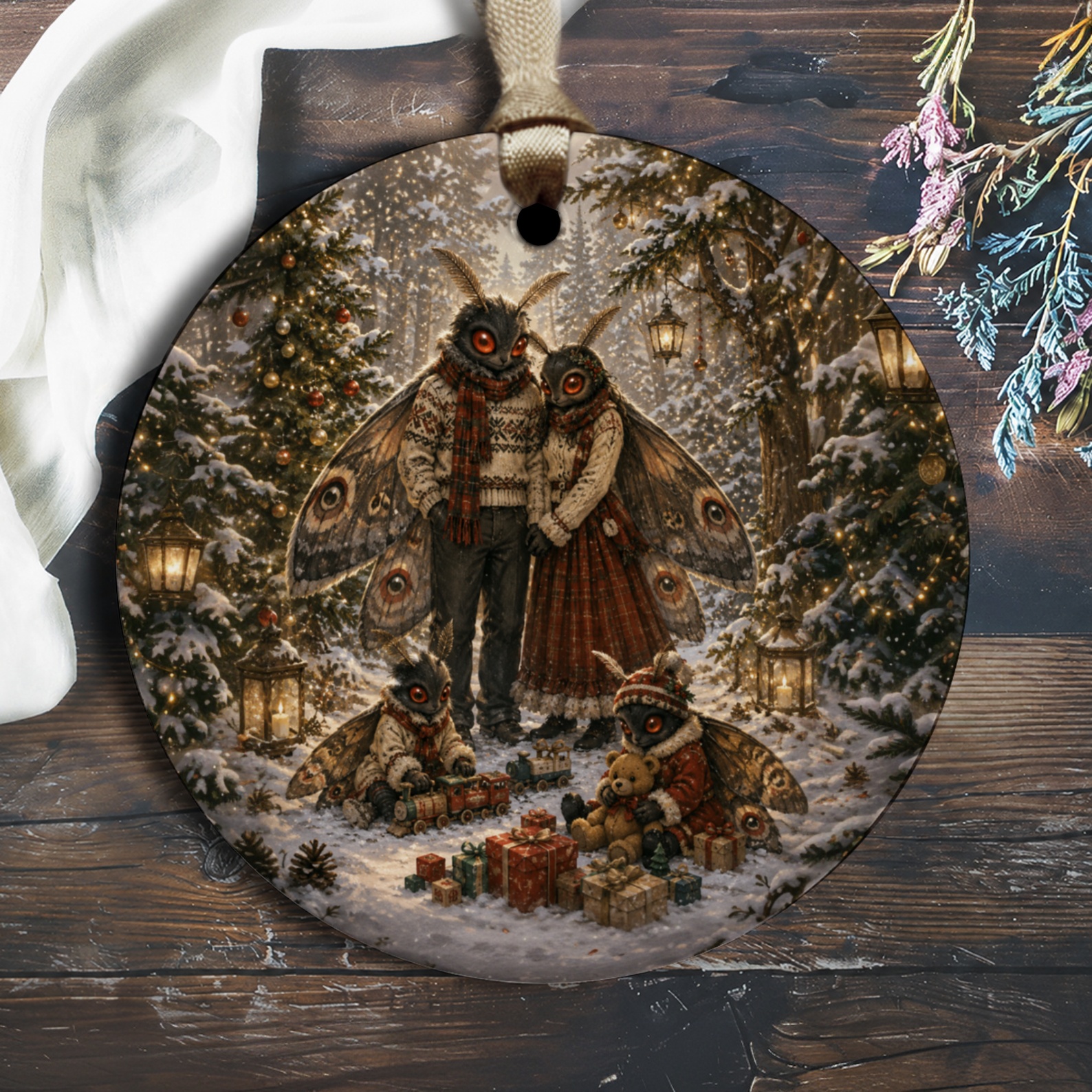 Moth Family Christmas Scene Ornament Winter Holiday Decor Woodland Creatures Festive Tree Decoration Cute Animal Ornament O2025
