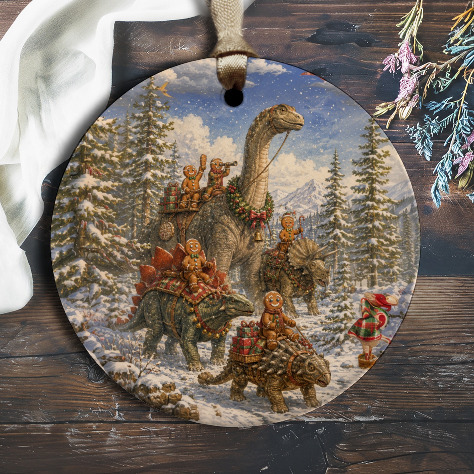 Gingerbread Dinosaurs Christmas Ornament Cute Holiday Decor Winter Wonderland Scene Festive Tree Decoration Gift O2026
