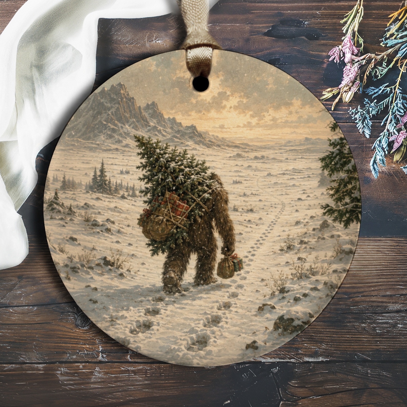 Bigfoot Christmas Ornament Winter Scene Holiday Decor Sasquatch With Tree And Gifts Snowy Landscape Unique Christmas Decor O2034
