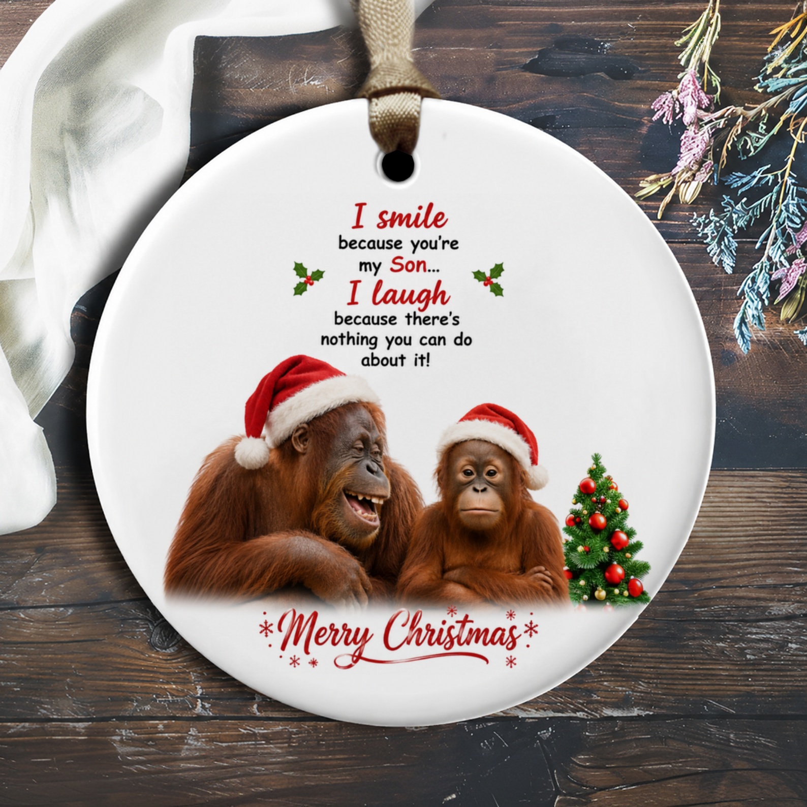 I Smile Because You're My Son Christmas Ornament Funny Holiday Decor Orangutans Santa Hats Cute Xmas Gift For Son O2035