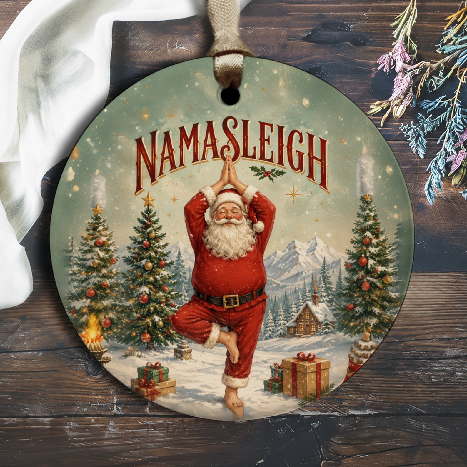 Namasleigh Funny Christmas Ornament Santa Yoga Holiday Decor Festive Tree Decoration Gift For Yoga Lover O2039