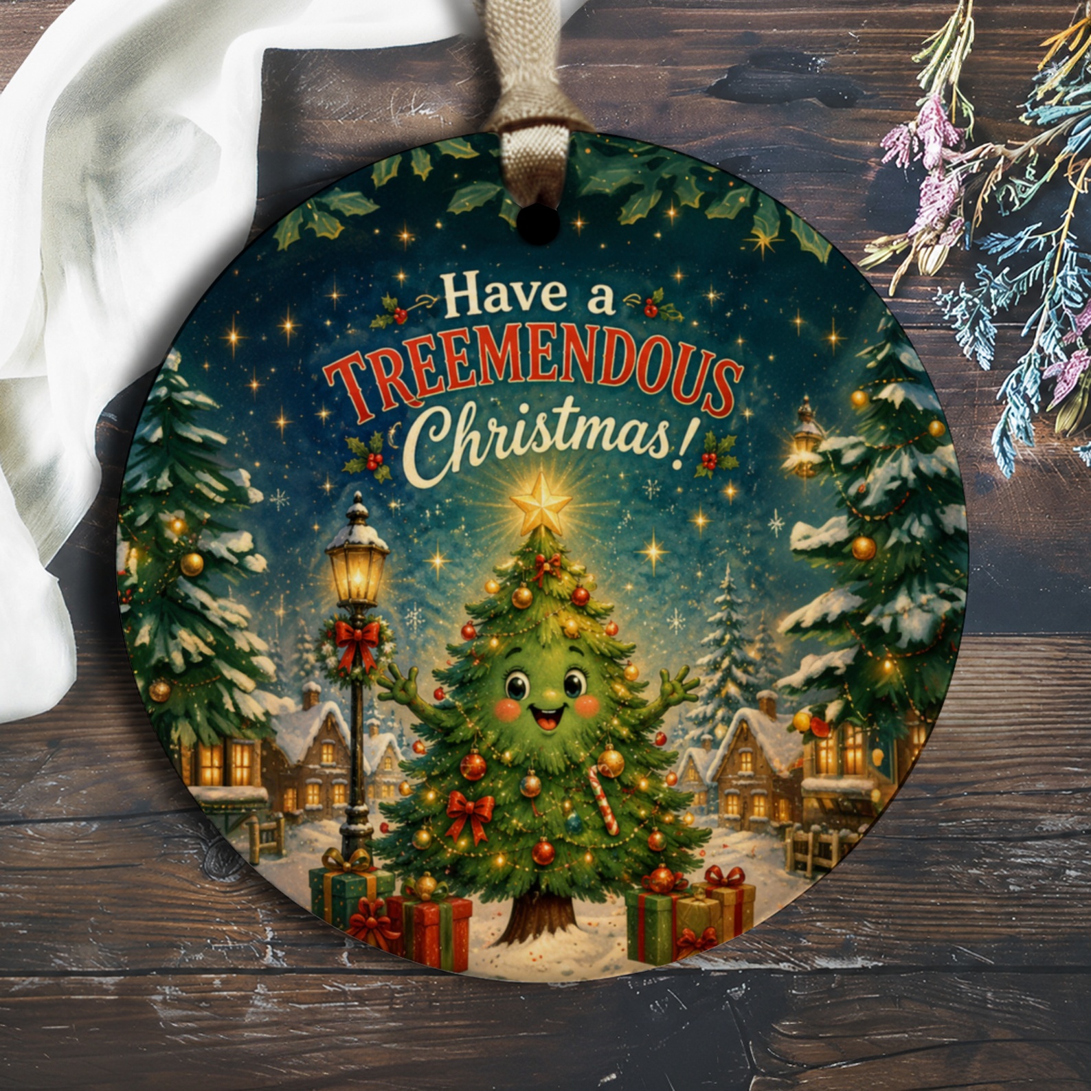 Have A Treemendous Christmas! Festive Ornament Holiday Decor Cute Christmas Tree With Gifts Winter Wonderland Scene O2040