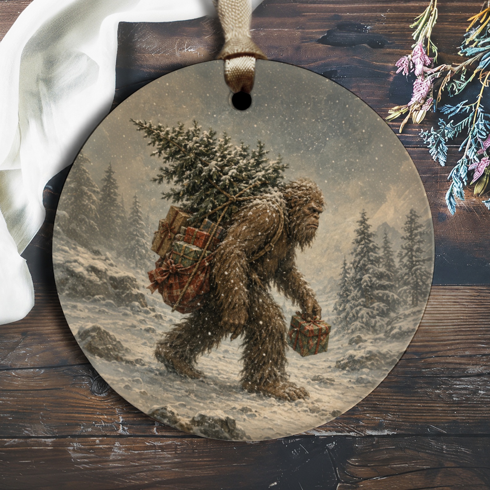 Bigfoot Christmas Ornament Winter Holiday Decor Sasquatch Carrying Tree And Gifts Snowy Forest Scene Unique Xmas Decoration O2047