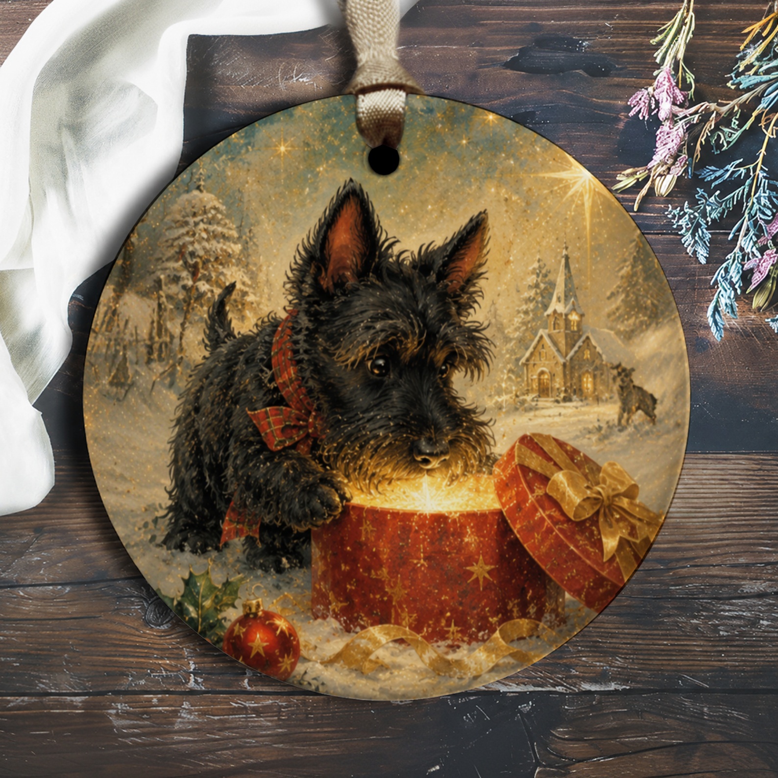 Scottish Terrier Christmas Ornament Cute Dog With Gift Box Holiday Decor Winter Scene Festive Tree Decoration Pet Lover O2139