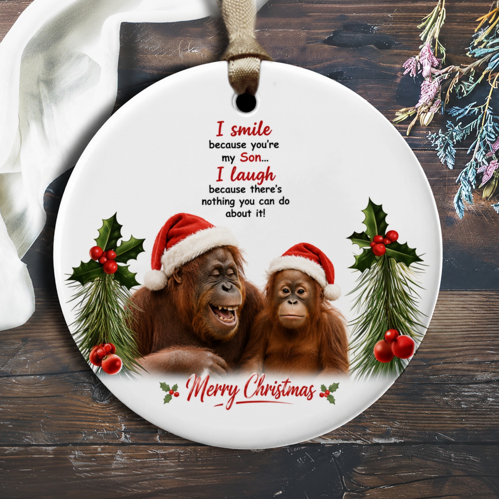 I Smile Because You're My Son Christmas Ornament Funny Holiday Decor Orangutans Santa Hats Cute Gift For Son Xmas Ornament O2143
