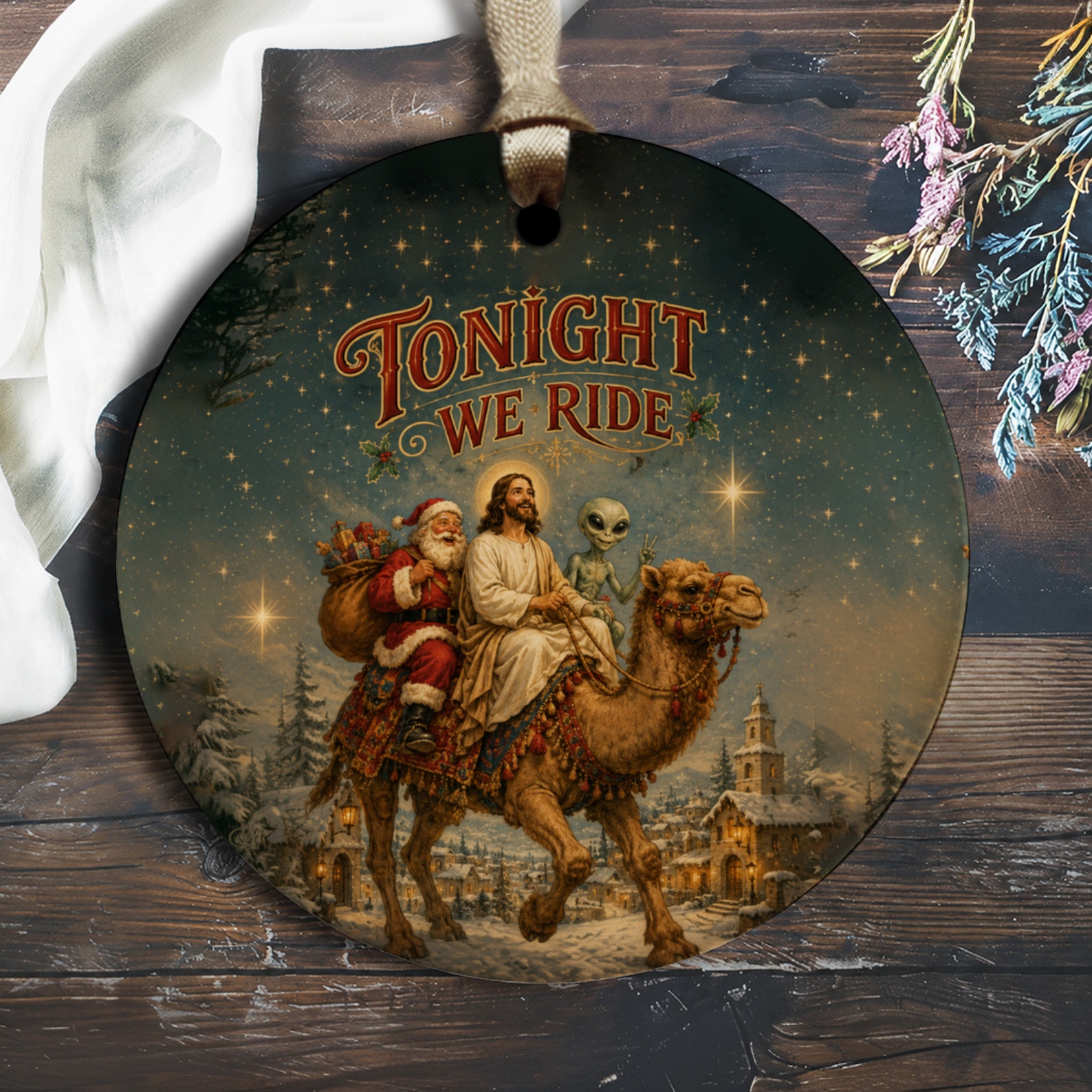 Tonight We Ride Christmas Ornament Santa Jesus Alien Funny Holiday Decor Unique Xmas Tree Decoration O2148