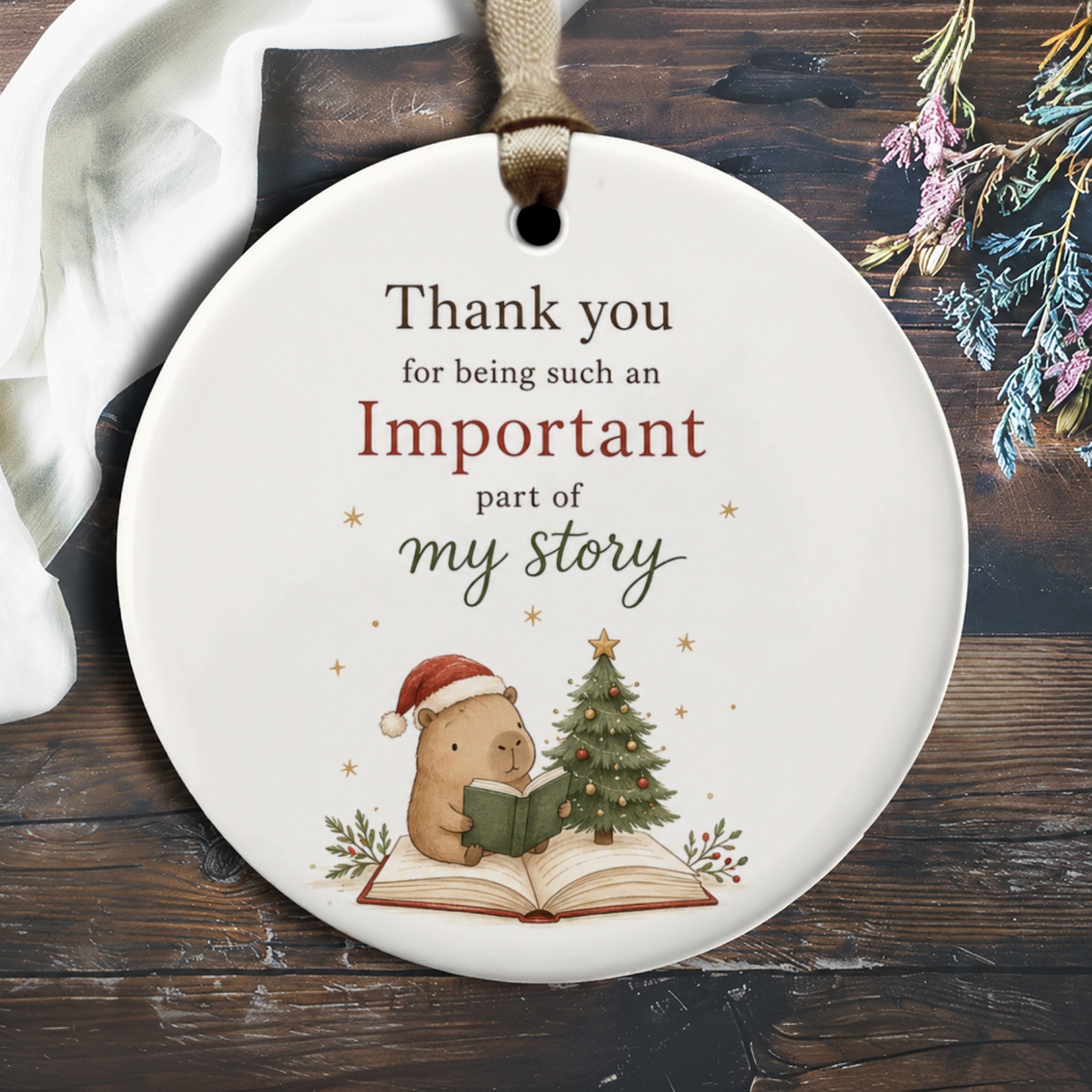 Thank You For Being Such An Important Part Of My Story Christmas Ornament Cute Bear With Book Holiday Decor Gift O2069