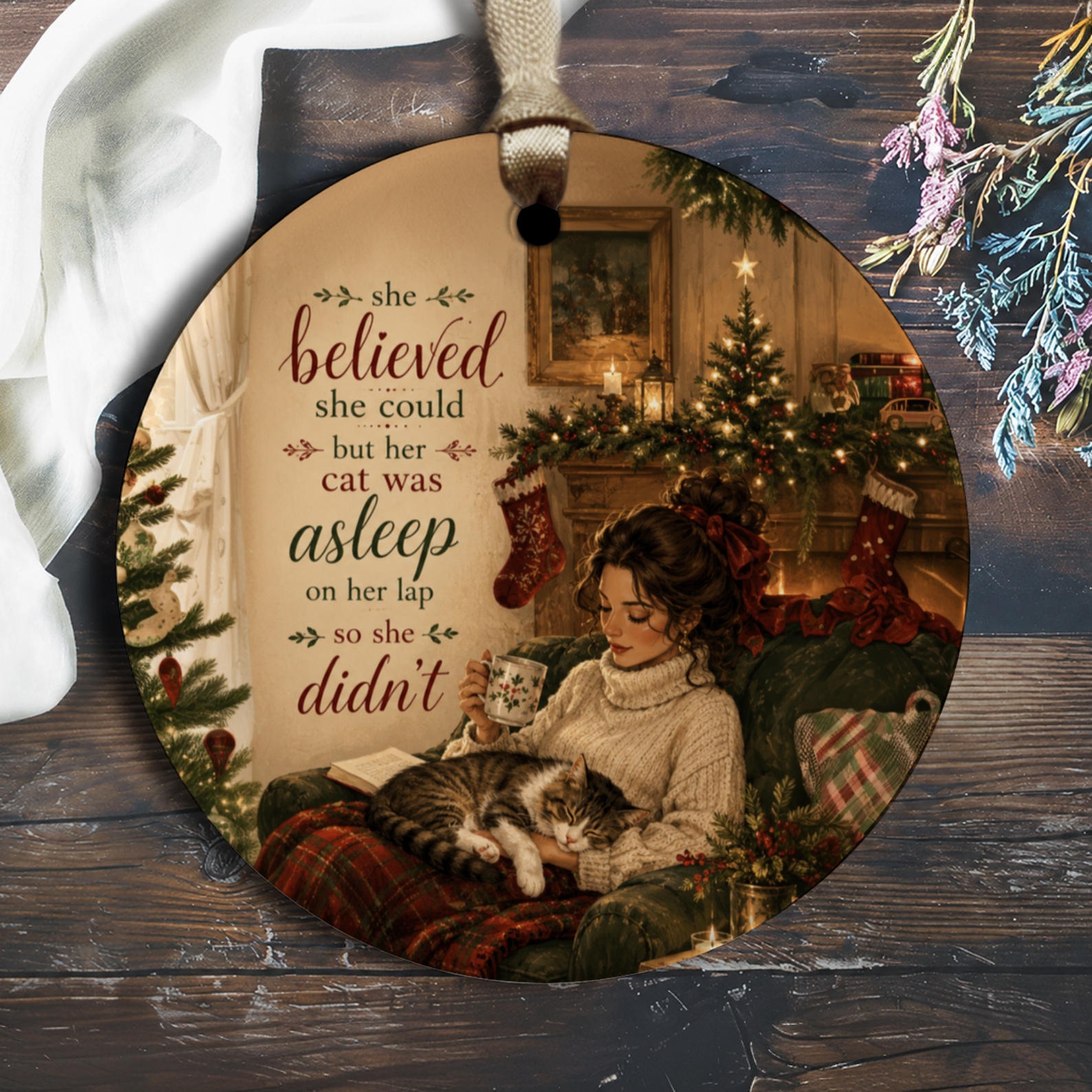 She Believed She Could Cat Christmas Ornament Cozy Holiday Decor Gift For Cat Lover Festive Home Decoration Cute Winter Scene O2152