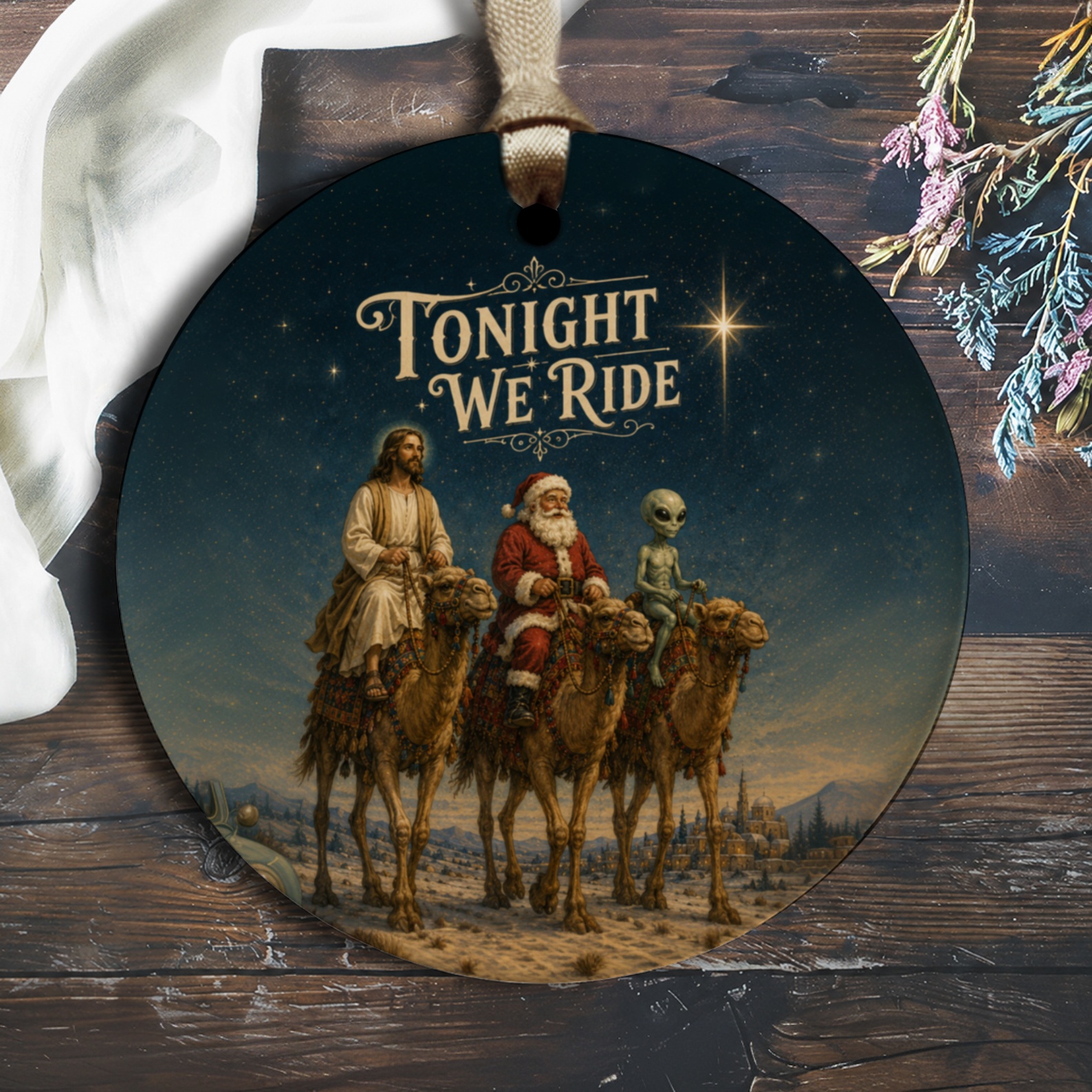 Tonight We Ride Christmas Ornament Funny Holiday Decor Santa Jesus Alien Riding Camels Unique Xmas Tree Decoration O2072