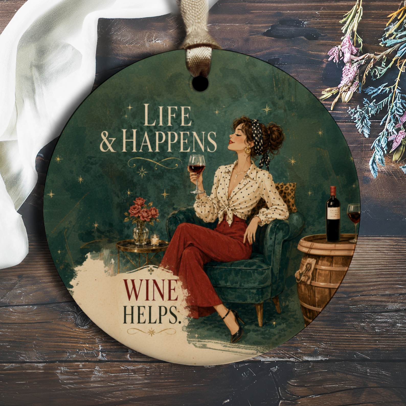 Life Happens Wine Helps Funny Ornament Wine Lover Gift Home Decor Everyday Ornament For Her Kitchen Bar O2161