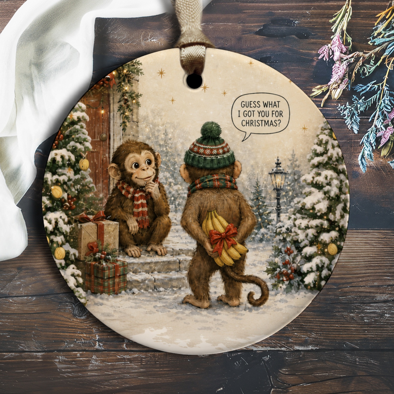 Guess What I Got You For Christmas? Cute Monkey Ornament Christmas Decor Holiday Gift Funny Animal Winter Scene O2171