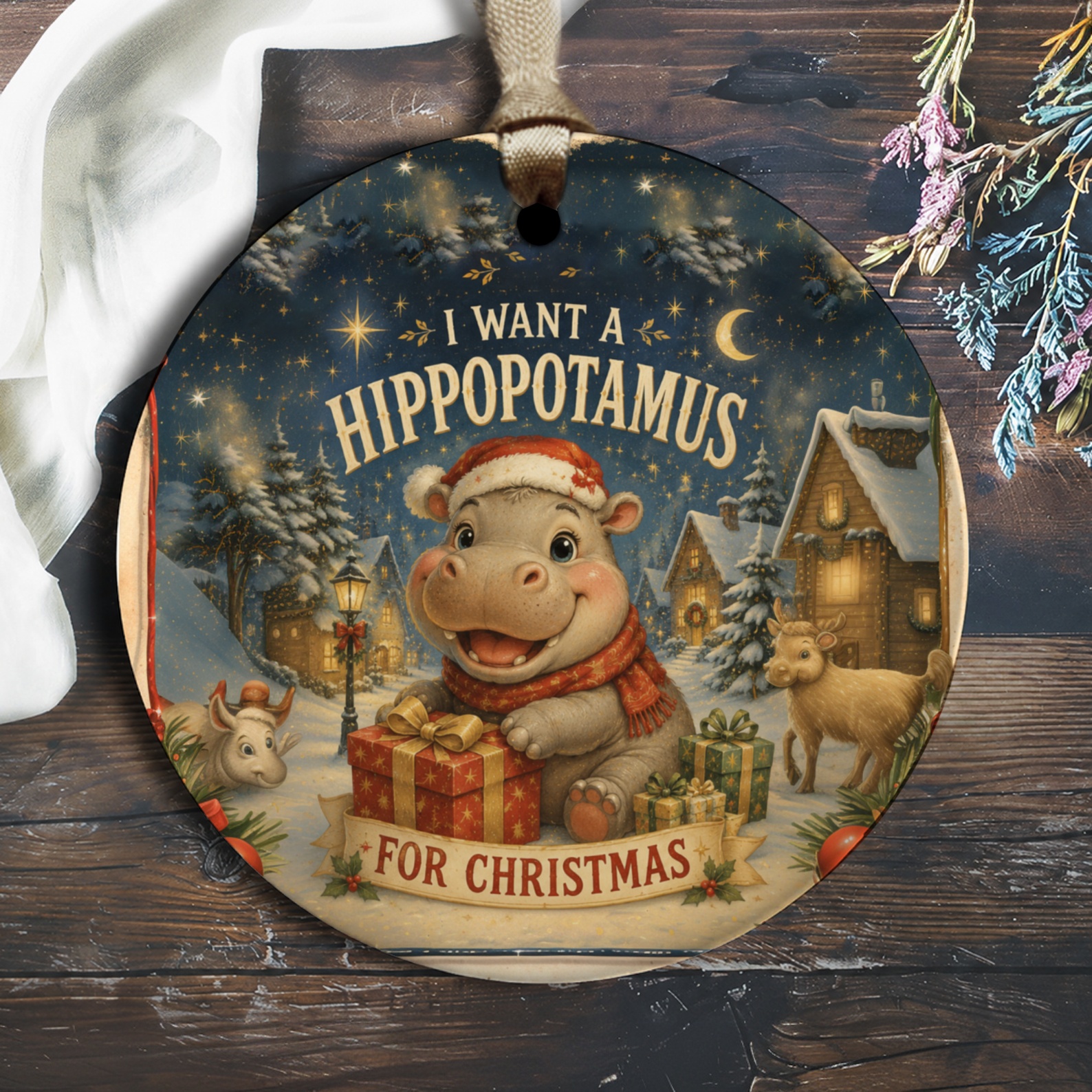 I Want A Hippopotamus For Christmas Cute Holiday Ornament Christmas Decor Gift Kids Animal Lover Festive Winter Scene O2085