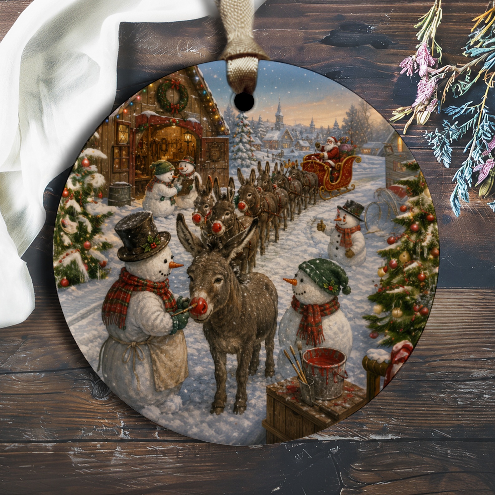 Christmas Ornament Snowman And Donkey With Santa Sleigh Winter Scene Holiday Decor Festive Tree Decoration O2089