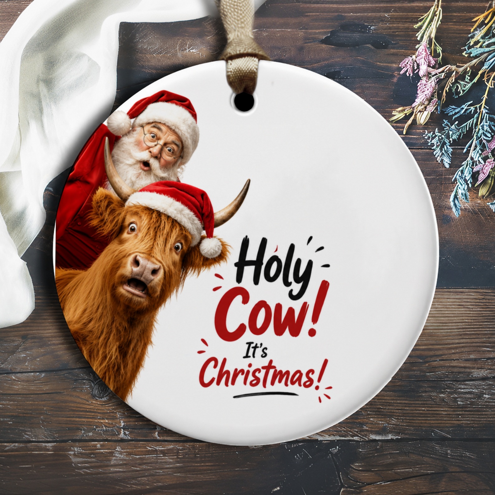 Holy Cow! It's Christmas! Funny Christmas Ornament Santa And Cow Holiday Decor Cute Festive Decoration Gift Idea O2176