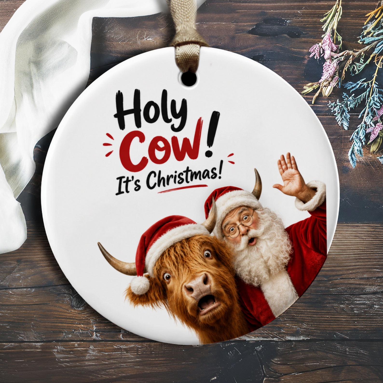 Holy Cow! It's Christmas! Funny Christmas Ornament Santa And Cow Holiday Decor Cute Festive Gift Idea For Animal Lovers O2178