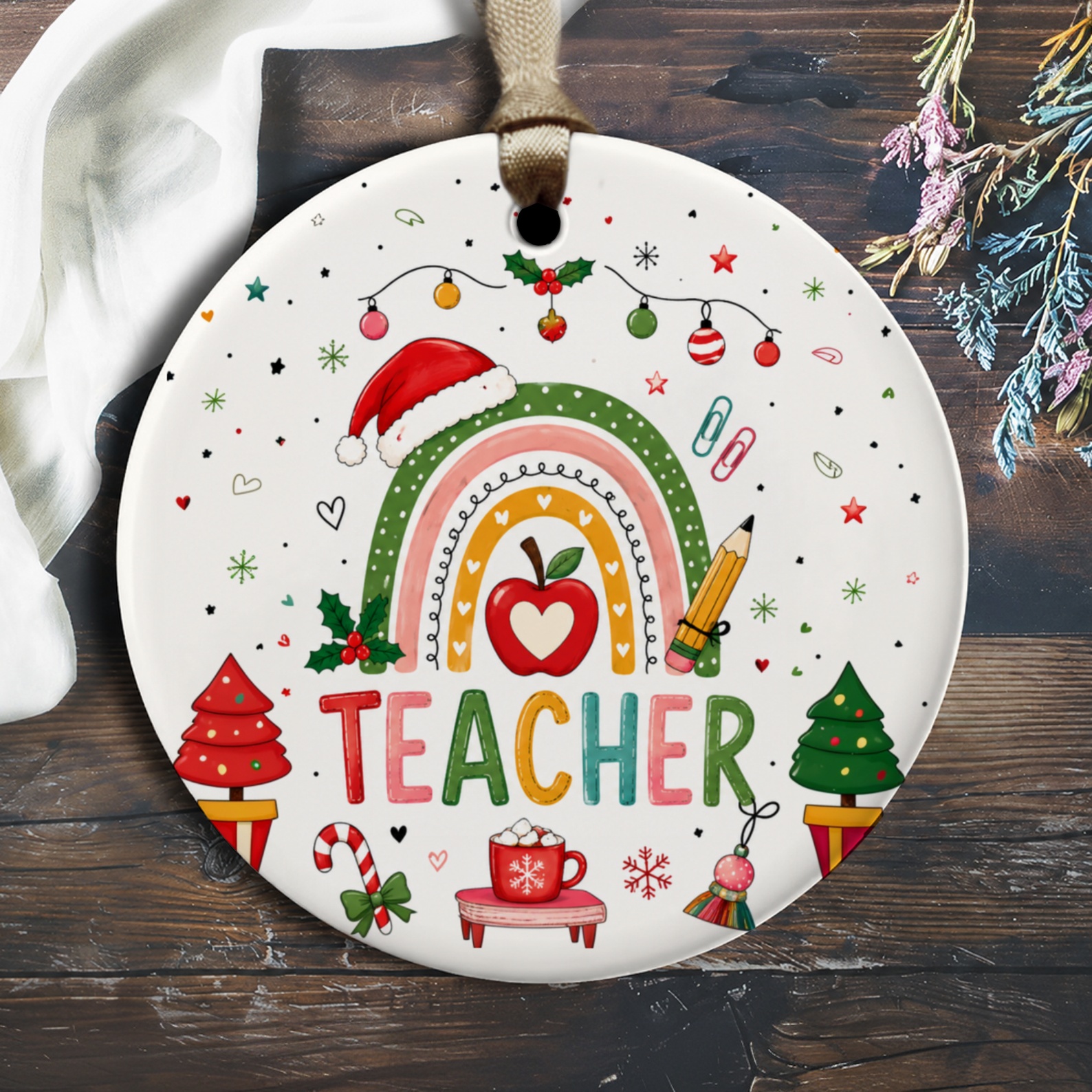 Teacher Christmas Ornament Holiday Gift For Teachers Festive Apple Rainbow Classroom Decor Xmas Tree Decoration O2184