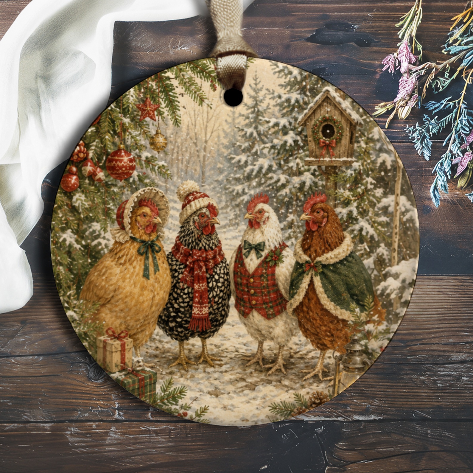 Festive Chicken Christmas Ornament Winter Holiday Decor Farm Animal Lovers Rustic Woodland Scene Tree Decoration O2100