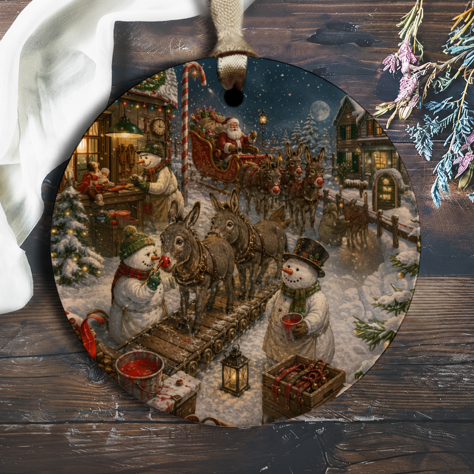 Santa Sleigh Christmas Ornament Festive Holiday Decor Snowman Scene Winter Wonderland Decoration Gift O2105