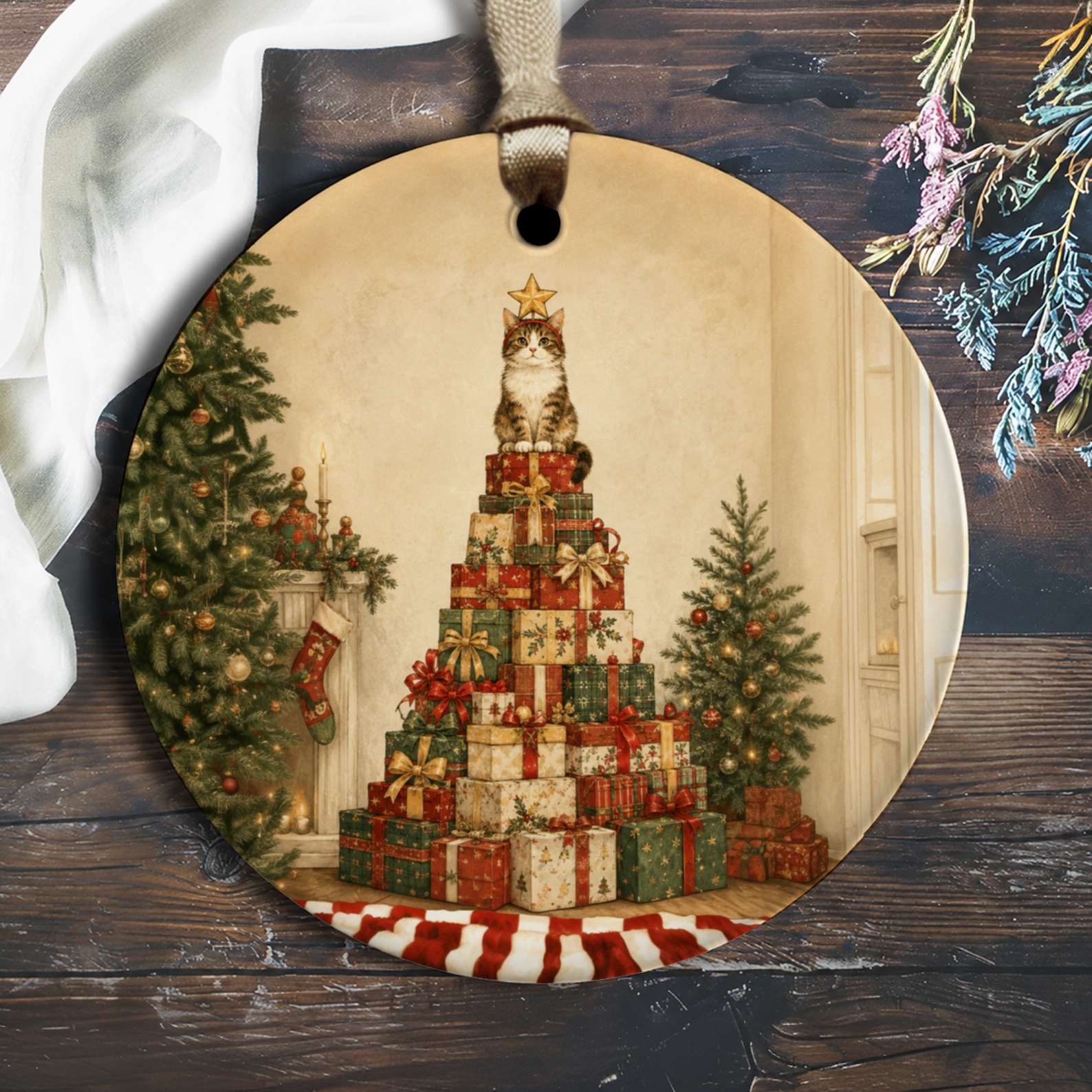 Cat On Gift Stack Christmas Ornament Cute Holiday Decor For Cat Lovers Festive Tree Decoration Adorable Feline Gift O2192