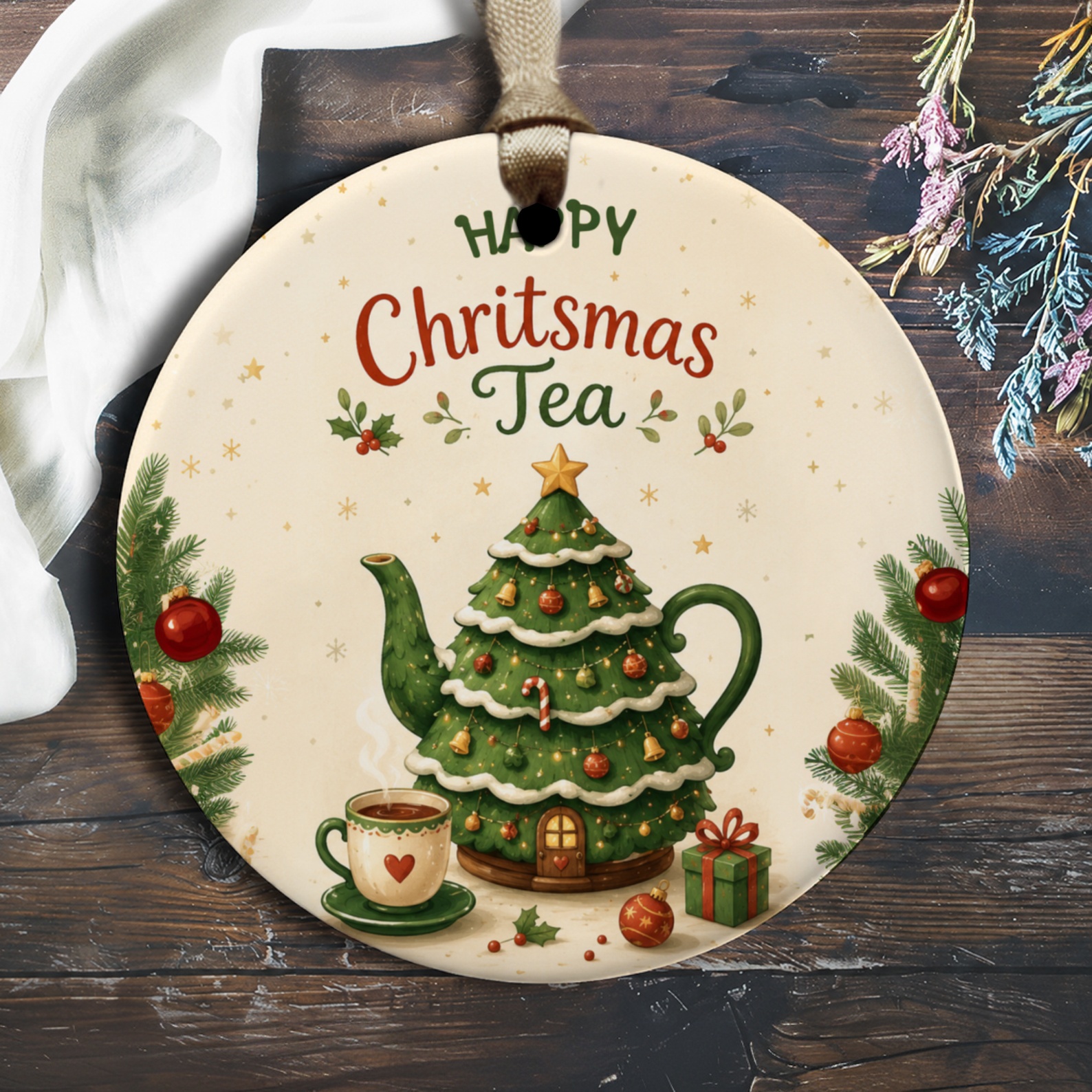 Happy Christmas Tea Ornament Festive Holiday Decor Christmas Tree Teapot Cute Gift Idea For Tea Lovers Seasonal Decoration O2109