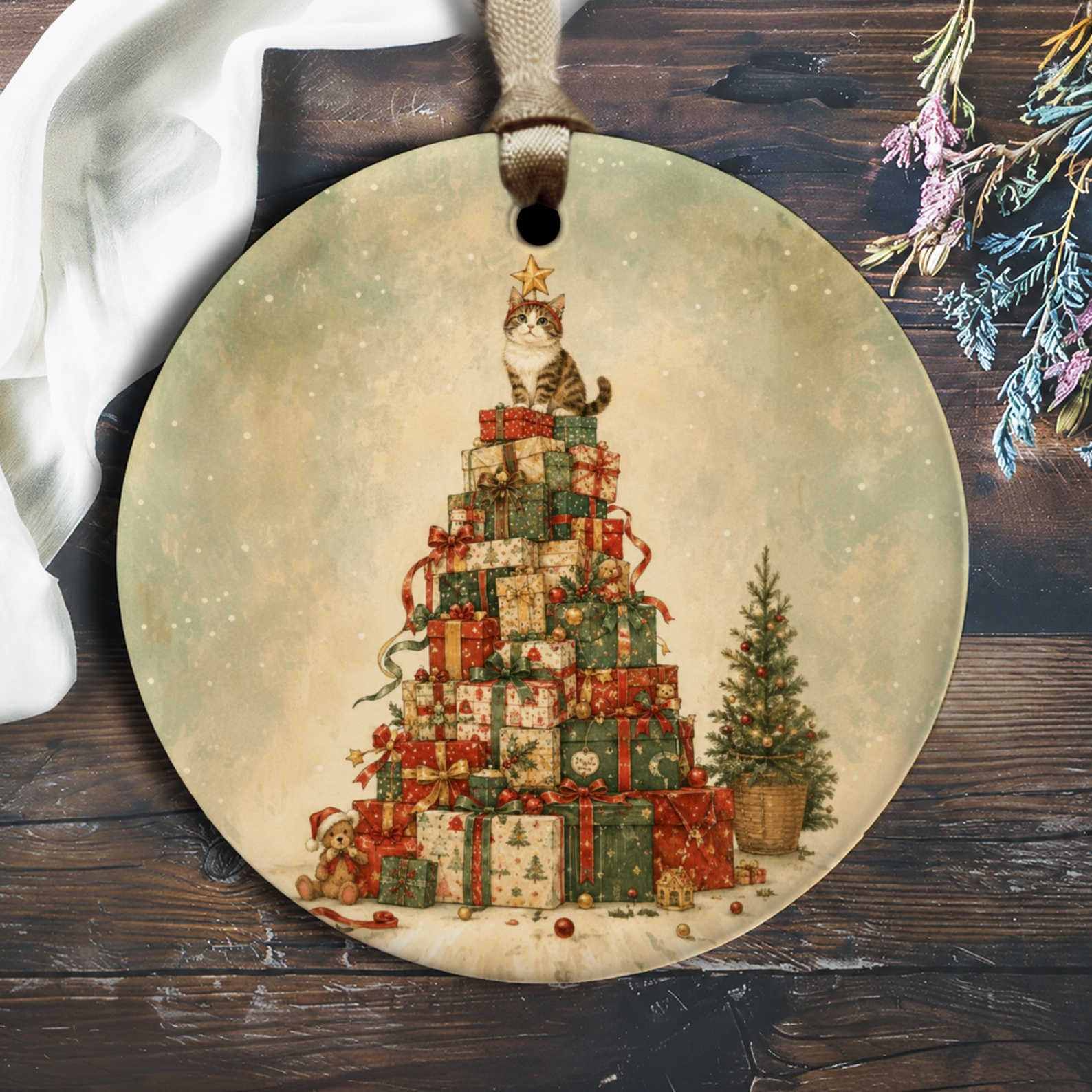 Cat On Gift Stack Christmas Ornament Cute Holiday Decor Festive Cat Lover Gift Tree Decoration Winter Home Accent O2114